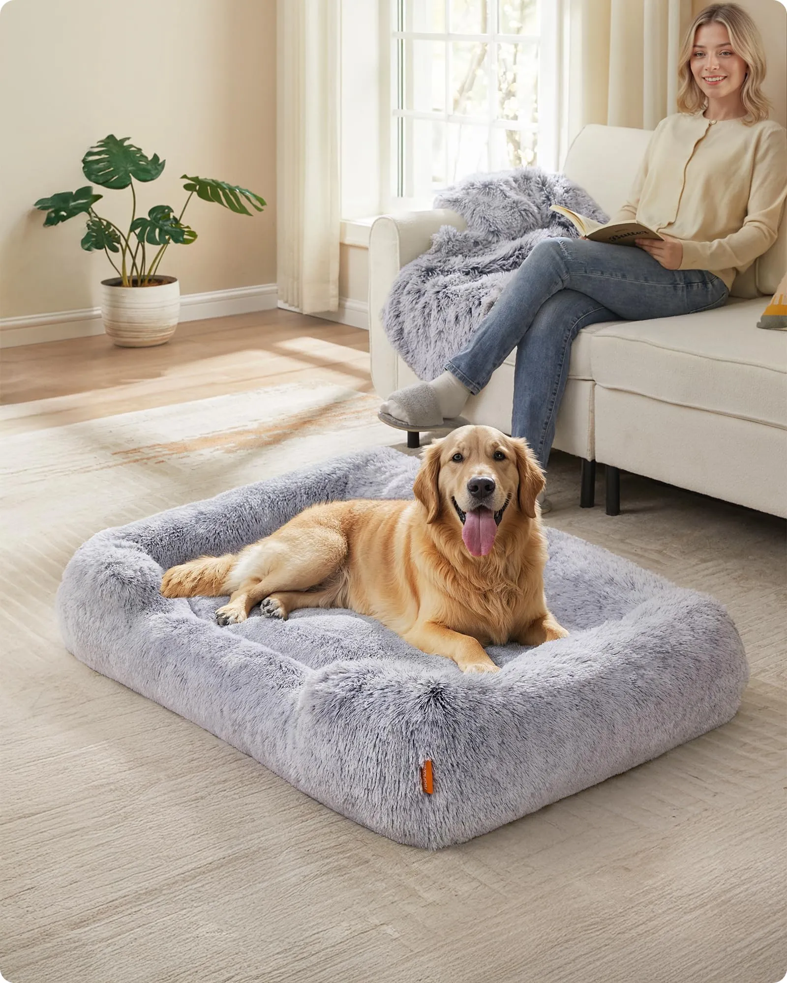 Feandrea Cuccia per Cani, Divano per Cani Medio, 106 x 75 x 20 cm, Cuscino per Animali, Imbottitura Morbida Bordi Rialzati, Sfoderabile e Lavabile, Antiscivolo, Grigio Ombré PGW273G01 - immagine 2