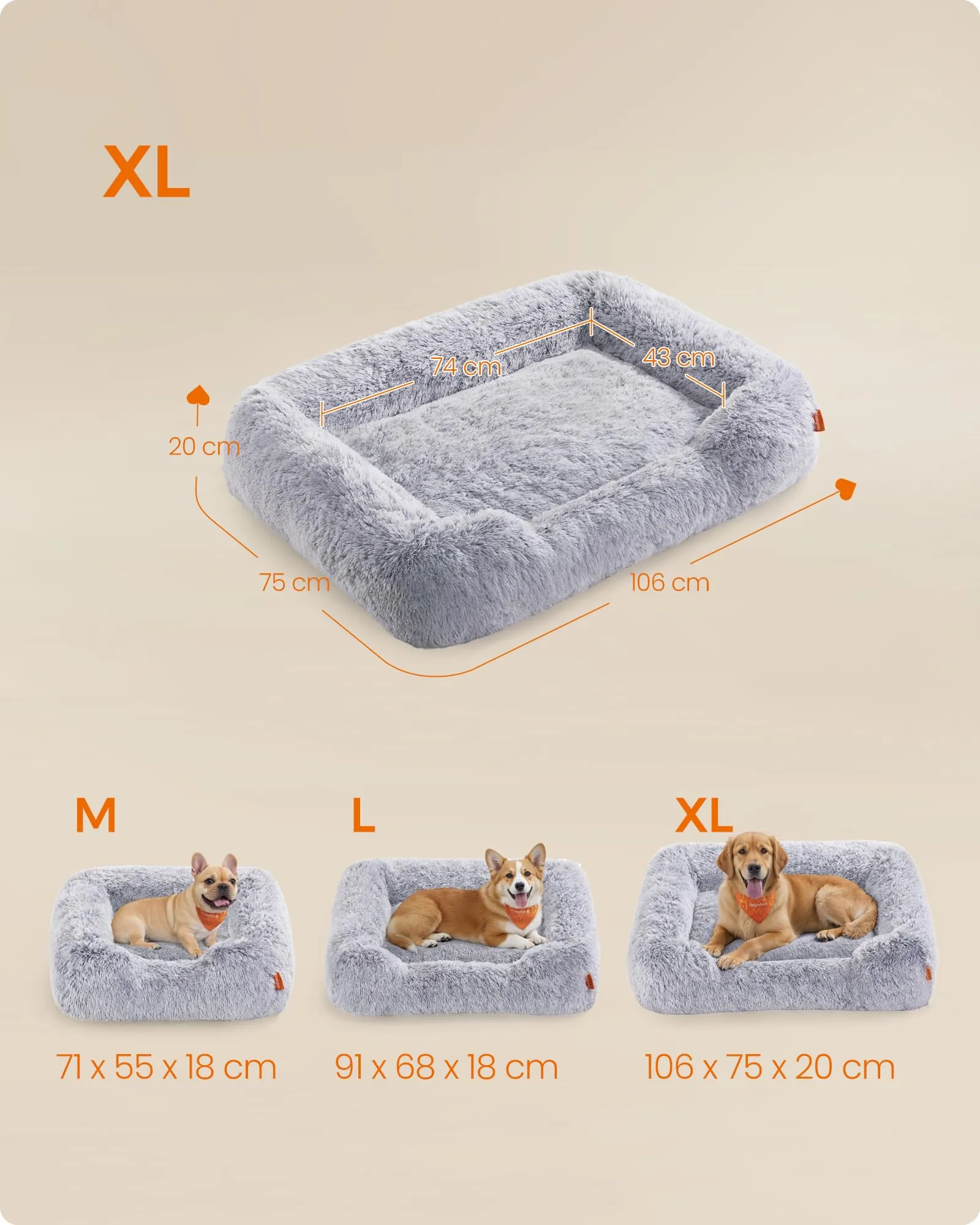 Feandrea Cuccia per Cani, Divano per Cani Medio, 106 x 75 x 20 cm, Cuscino per Animali, Imbottitura Morbida Bordi Rialzati, Sfoderabile e Lavabile, Antiscivolo, Grigio Ombré PGW273G01 - immagine 5