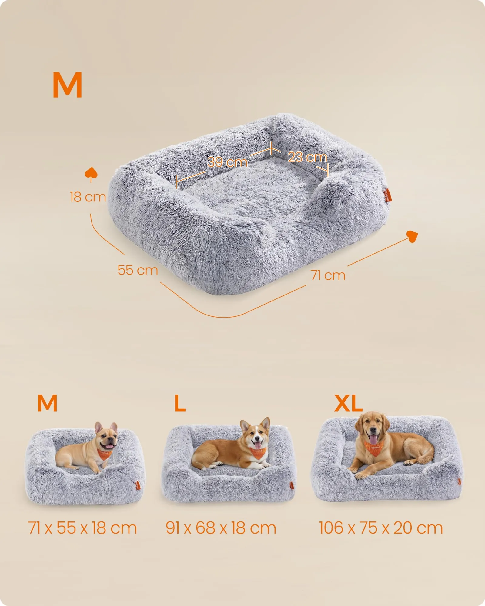 Feandrea Cuccia per Cani, Divano per Cani Medio, 71 x 55 x 18 cm, Cuscino per Animali, Imbottitura Morbida Bordi Rialzati, Sfoderabile e Lavabile, Antiscivolo, Grigio Ombré PGW271G01 - immagine 5