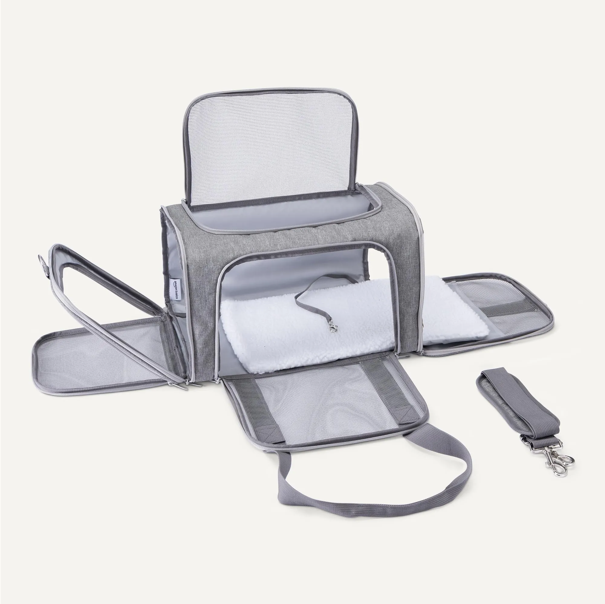 Amazon Basics -Trasportino Morbido Stile Borsa per Gatti e Cani, Tracolla Regolabile, Approvato per il Trasporto in Aereo, Pieghevole con Pannelli in Rete per la Ventilazione,43,2x 27,9x 27,9cm,Grigio - immagine 4