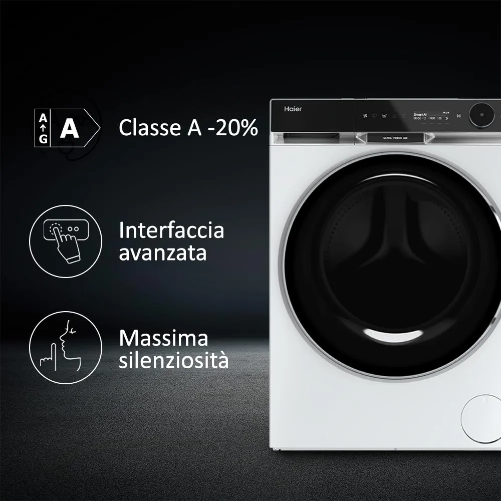 Haier X Serie 11, Lavatrice a carica frontale 10 KG, Libera Installazione, Classe A-20%, 1400 giri, Vapore, 16 programmi, Intelligenza Artificiale, Capacità XXL, 85x60x61 cm, Bianca - HW100-BD14397U1S - immagine 3