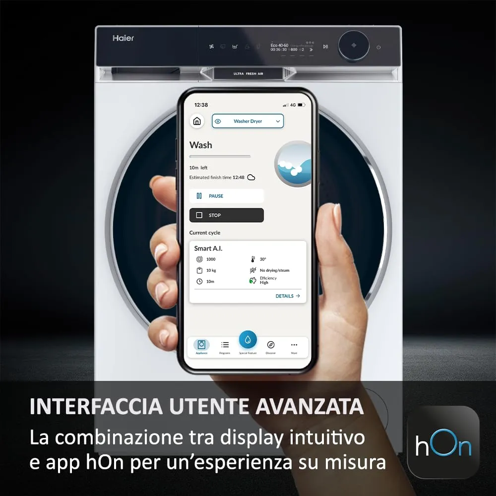 Haier X Serie 11, Lavatrice a carica frontale 10 KG, Libera Installazione, Classe A-20%, 1400 giri, Vapore, 16 programmi, Intelligenza Artificiale, Capacità XXL, 85x60x61 cm, Bianca - HW100-BD14397U1S - immagine 4
