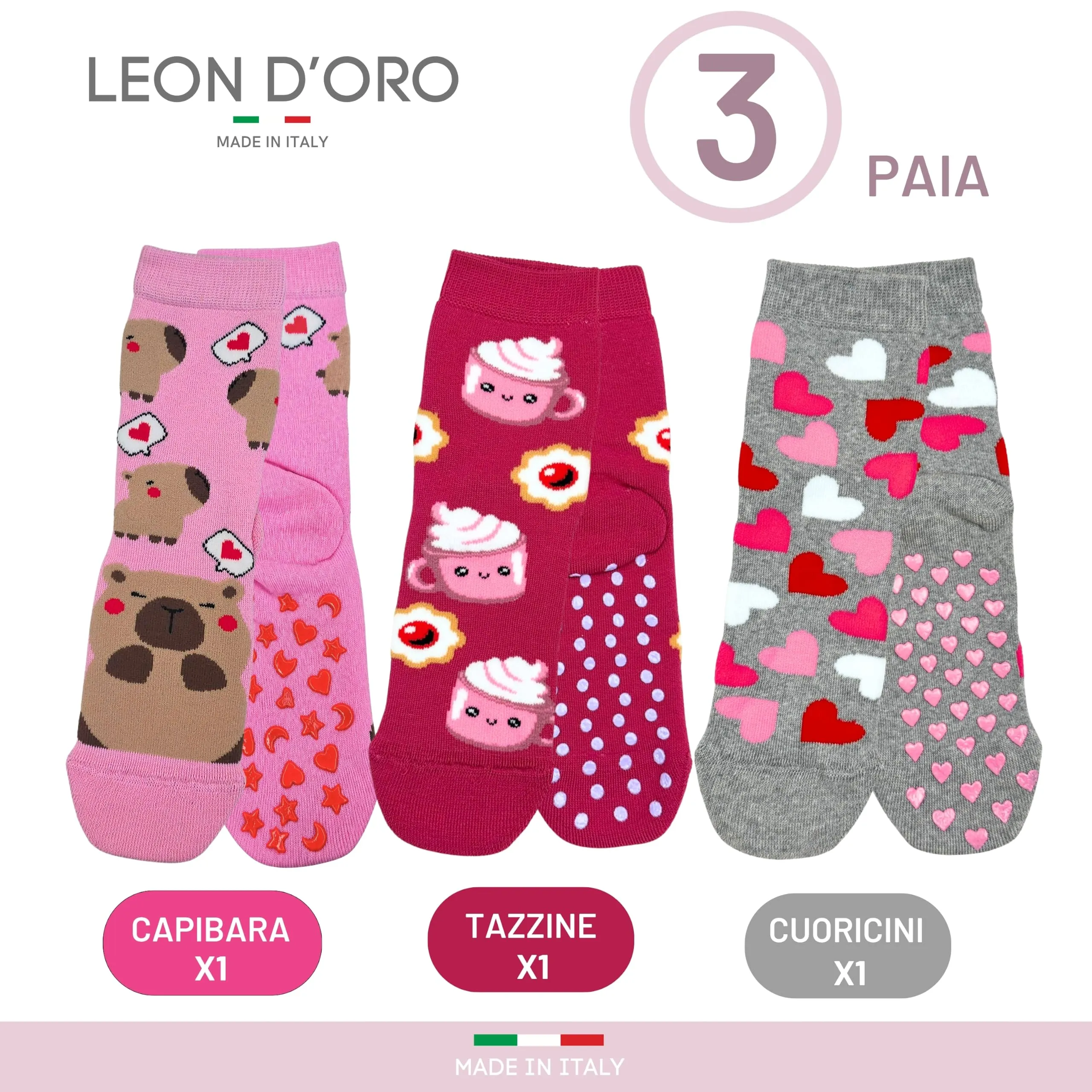 LEON D'ORO Calzini Bambina Antiscivolo Cotone 3 Paia Calze Bimba abs scuola casa gonfiabili, Made in Italy (IT, Numero, 35, 40, ASS3 3paia) (IT, Numero, 35, 40, ASS4 3paia) - immagine 4