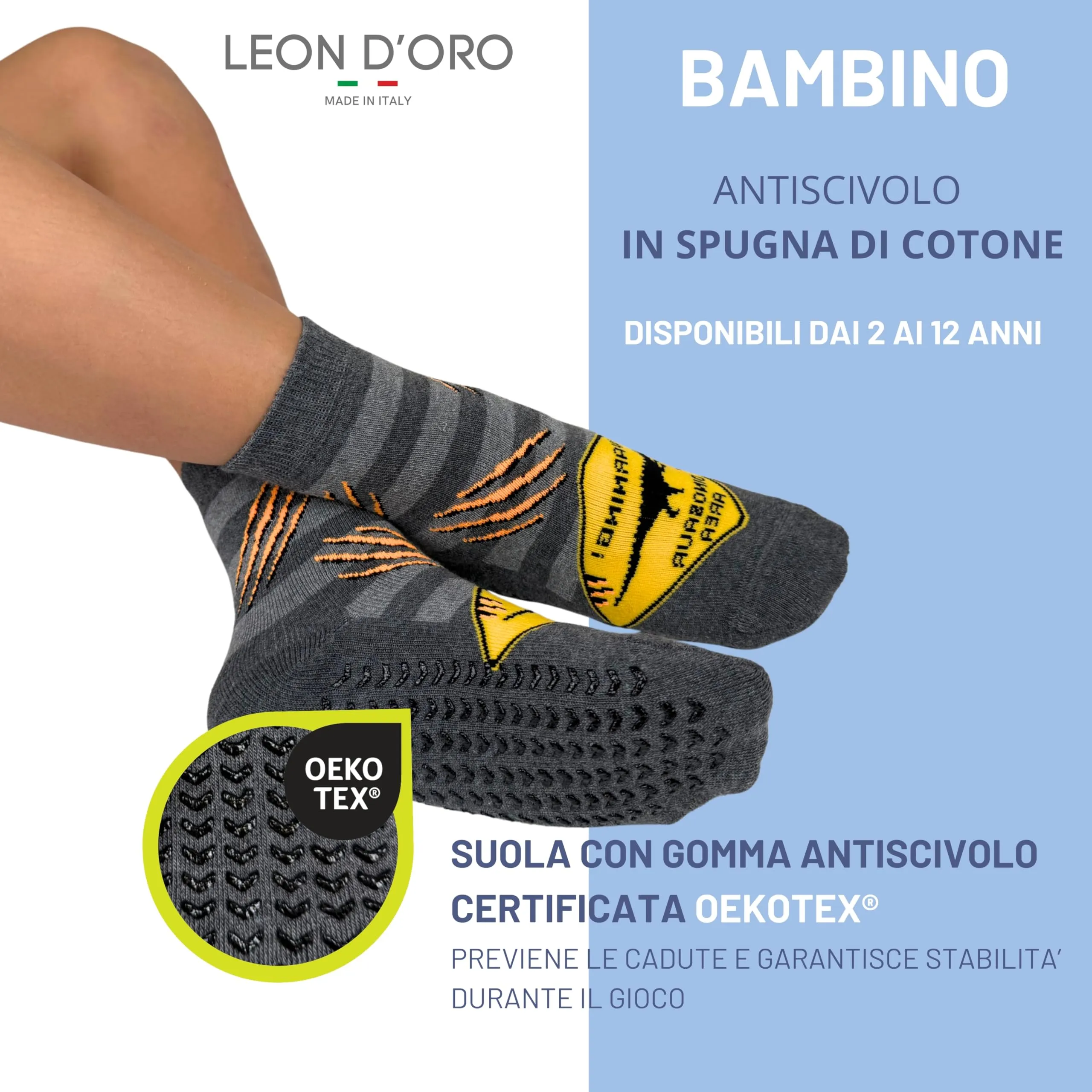 LEON D'ORO Calzini Bambino Antiscivolo Cotone 3 Paia Calze Bimbo abs scuola casa gonfiabili, Made in Italy (IT, Numero, 35, 40, ASS4 3 paia) - immagine 2