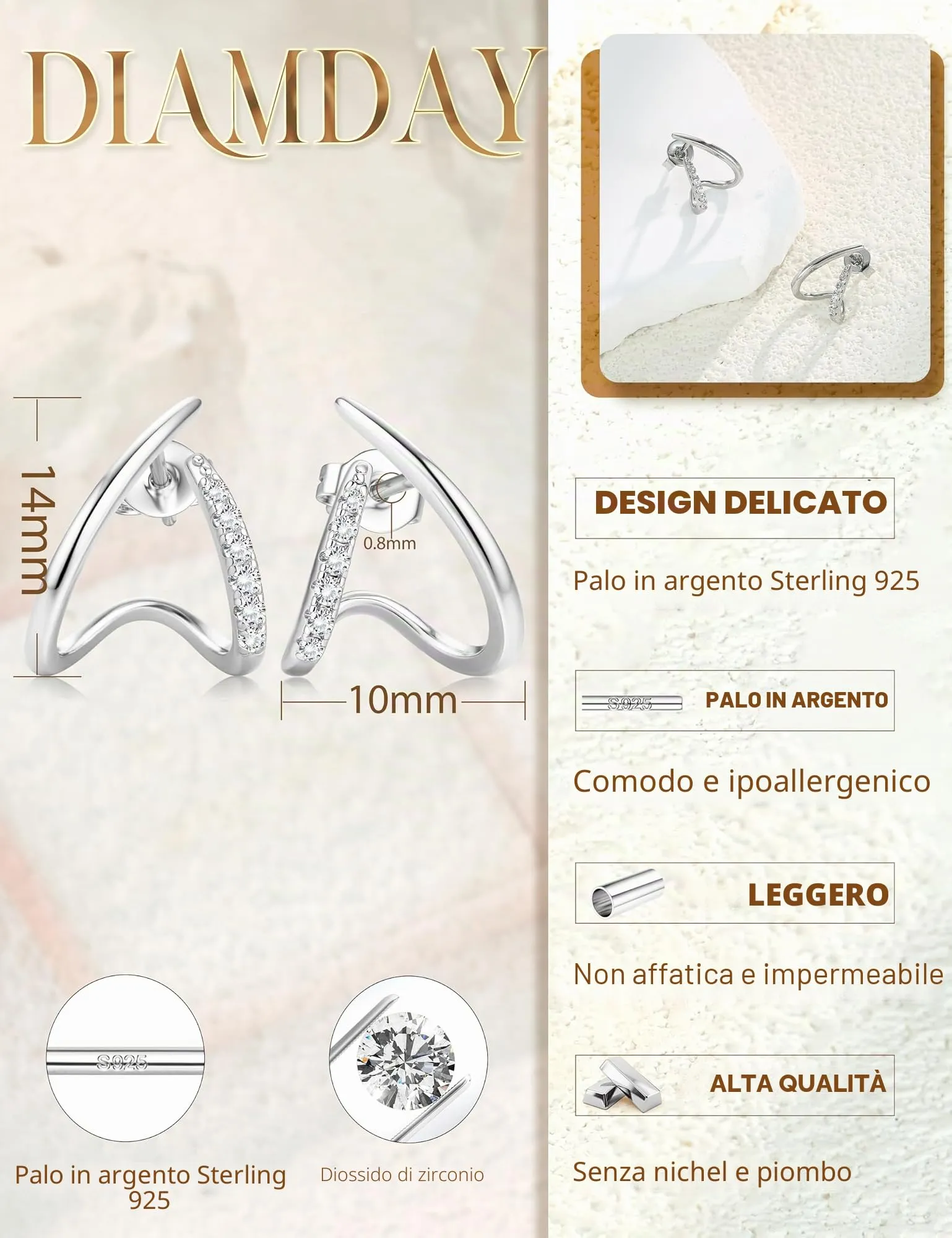 Diamday Orecchini Donna, Orecchini Cerchio, Agli in argento 925 - immagine 5