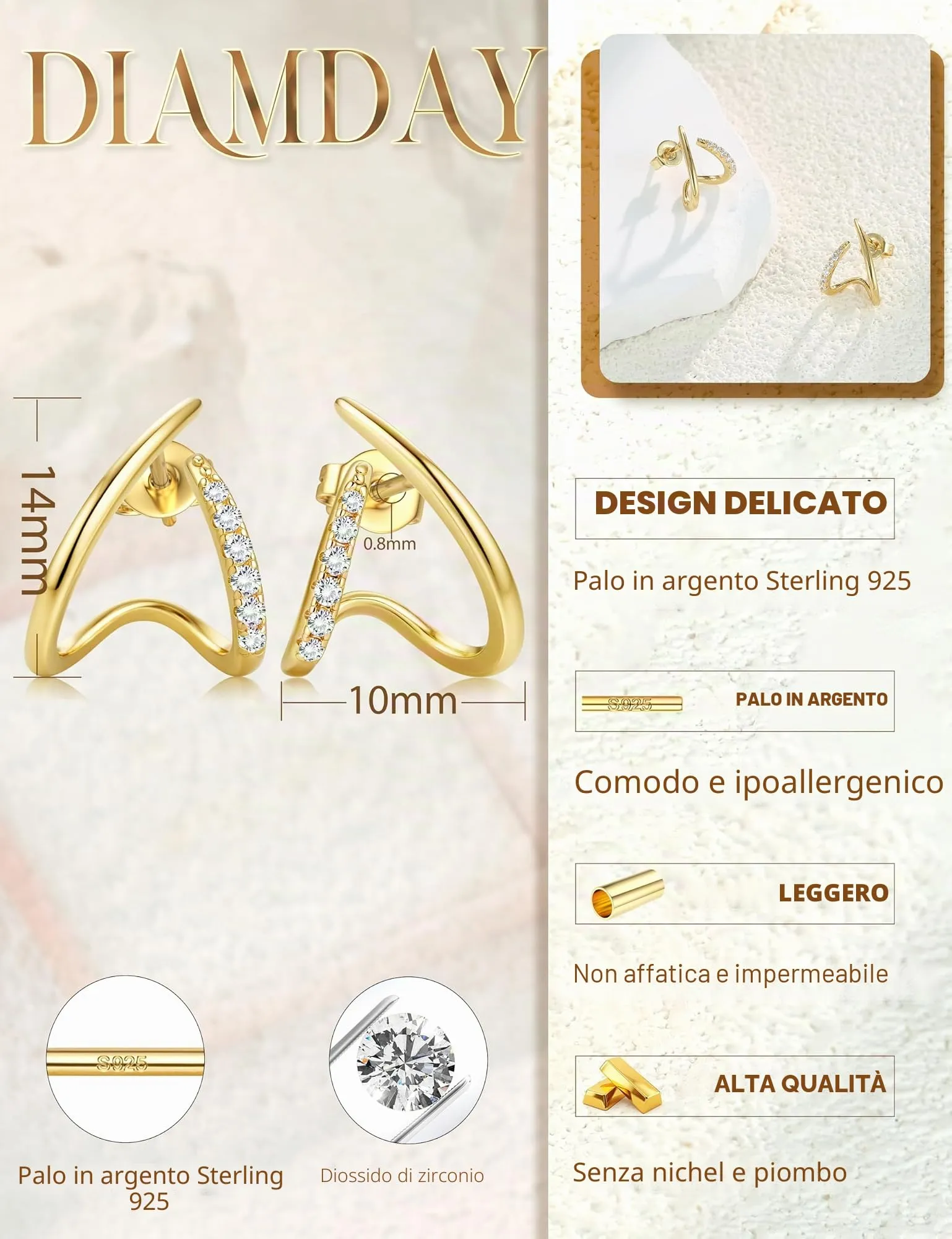 Diamday Orecchini Donna, Orecchini Cerchio, Agli in argento 925 - immagine 5