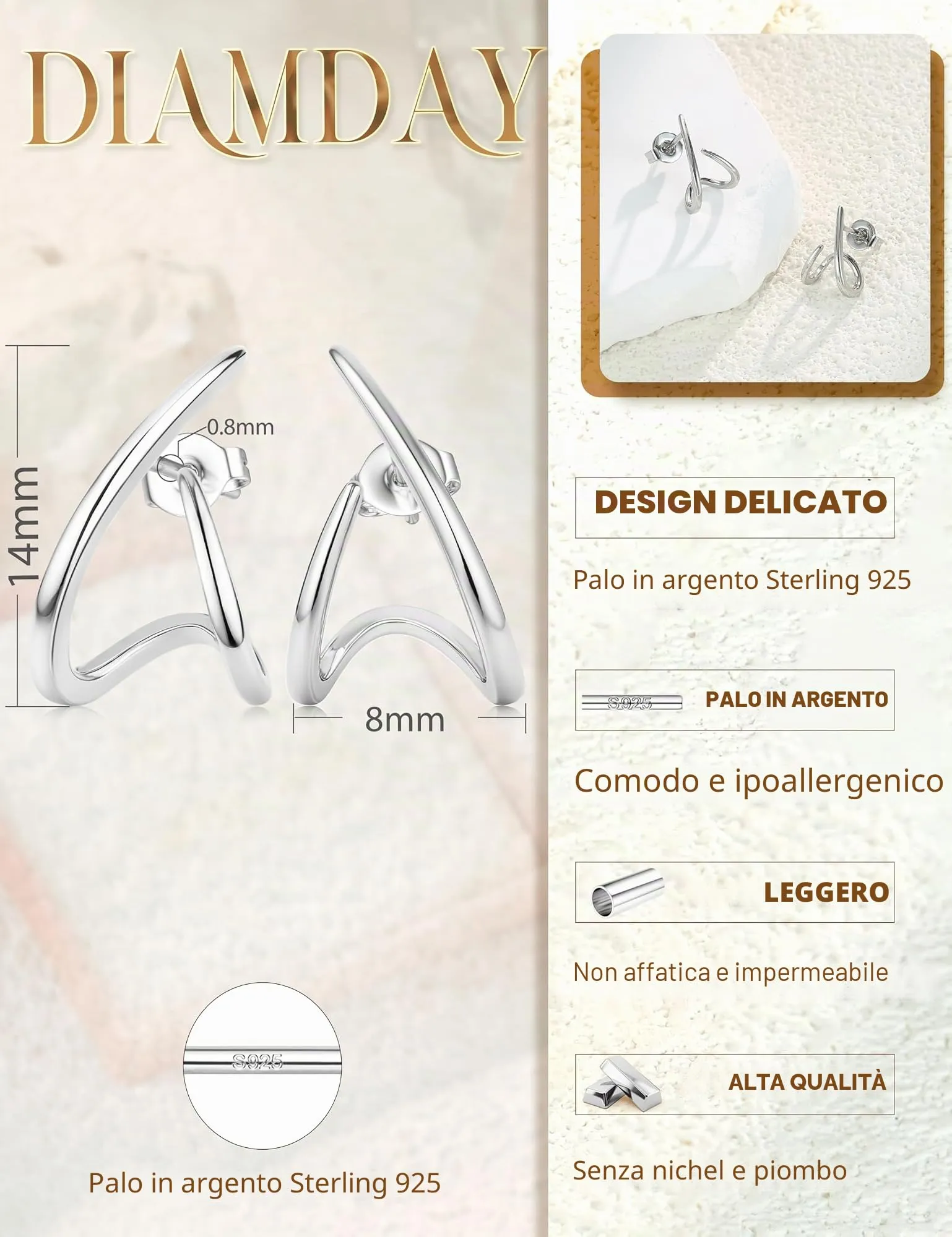 Diamday Orecchini Donna, Orecchini Cerchio, Agli in argento 925 - immagine 5