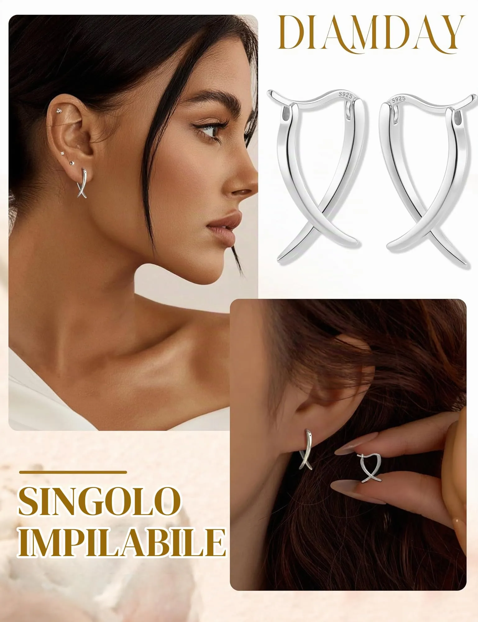 Diamday Orecchini Donna, Orecchini Cerchio, Agli in argento 925 - immagine 2