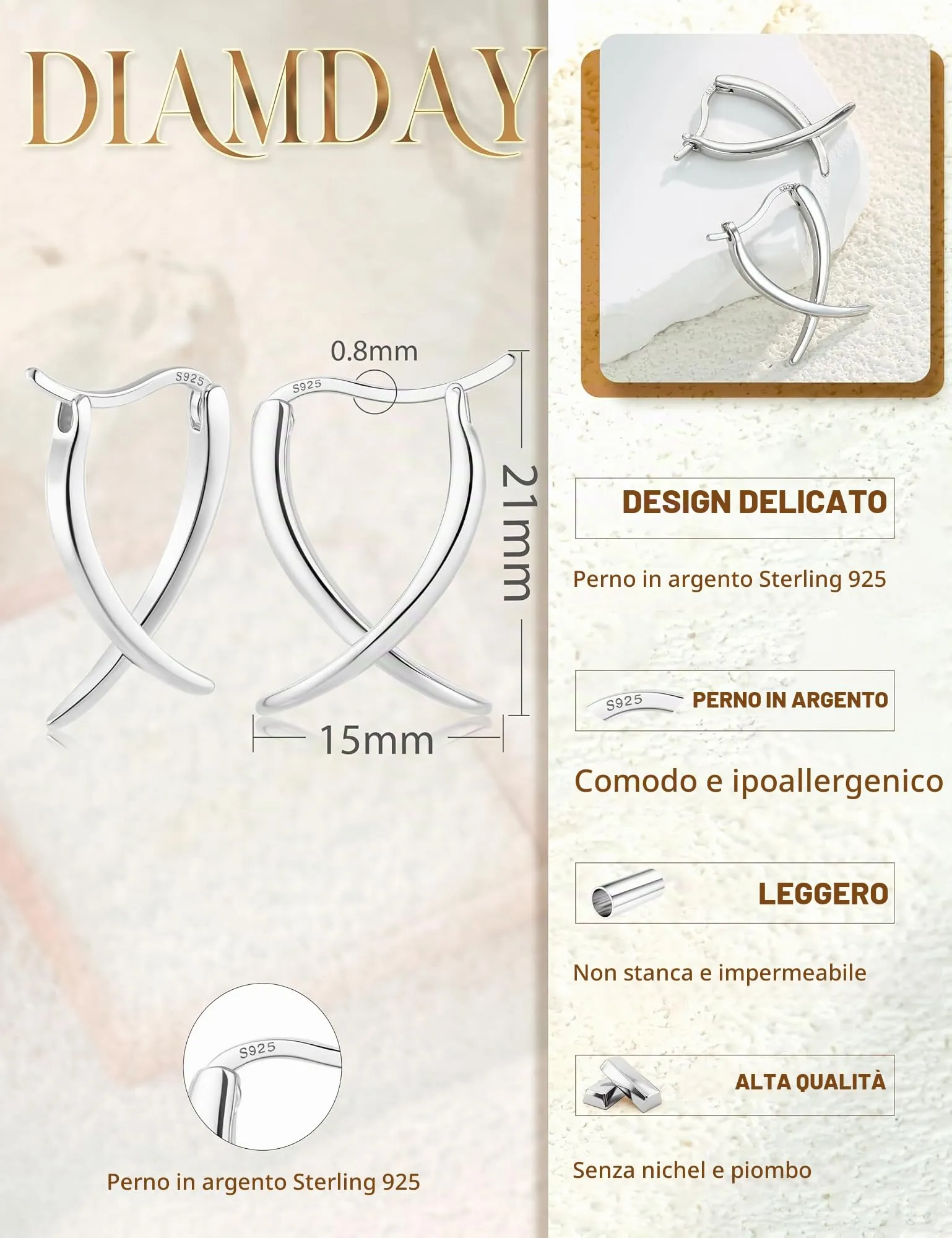 Diamday Orecchini Donna, Orecchini Cerchio, Agli in argento 925 - immagine 5