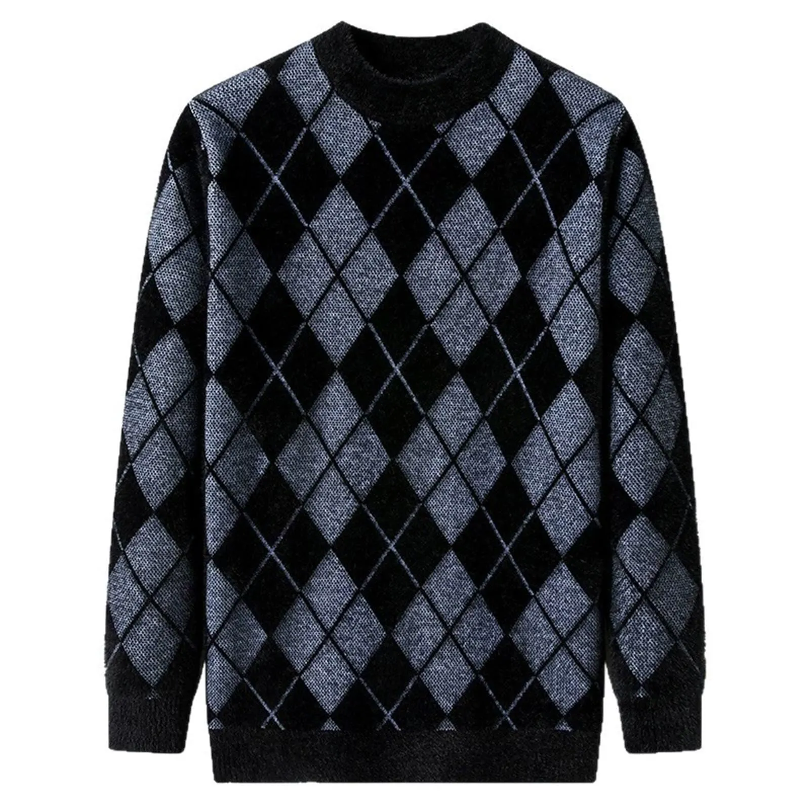 Argyle - Maglione da uomo con motivo a rombi, in jacquard, con scollo rotondo, invernale, lavorato a maglia, da lavoro, leggero, Blu, 3XL - immagine 4