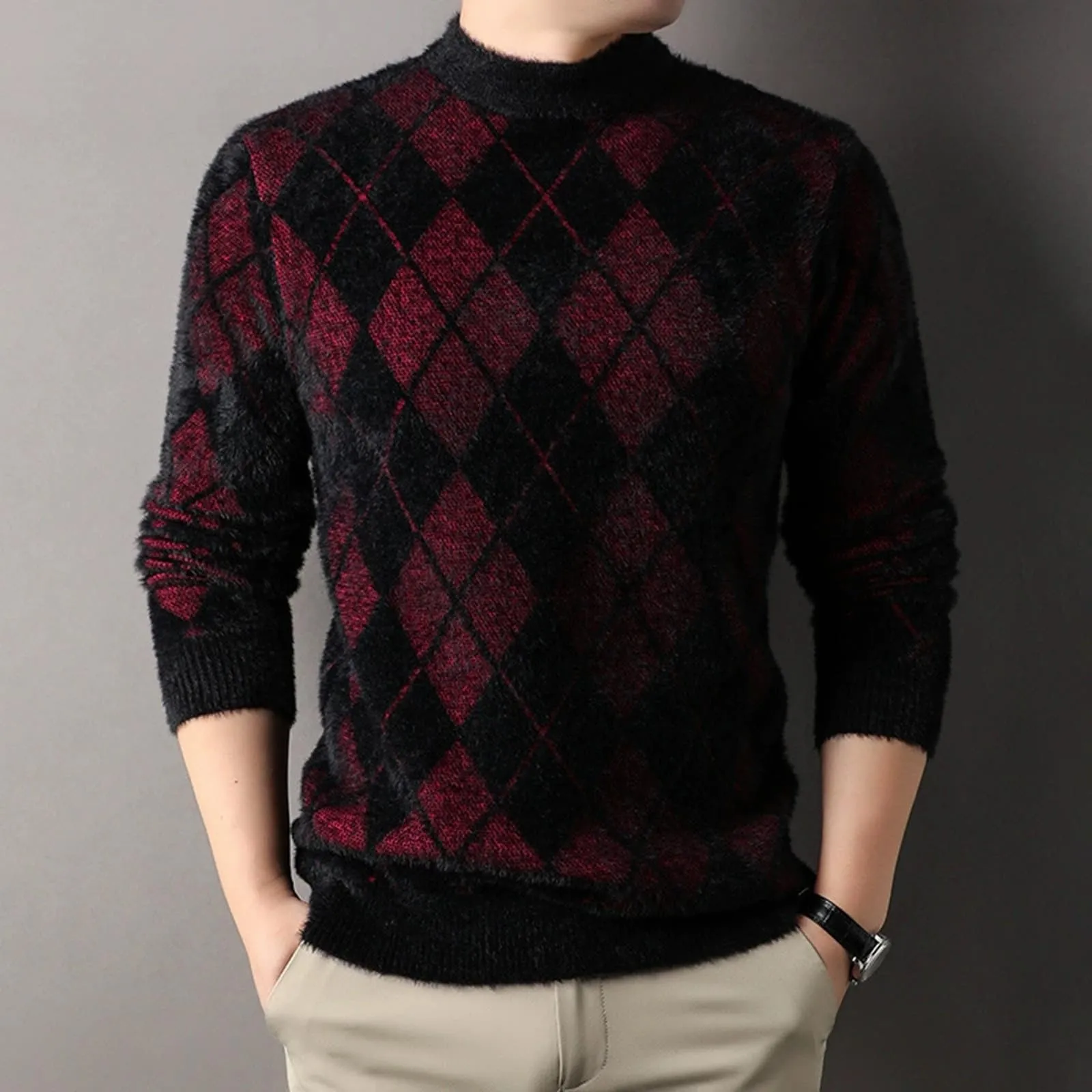Argyle - Maglione da uomo con motivo a rombi, in jacquard, con scollo rotondo, invernale, lavorato a maglia, da lavoro, leggero, Colore: rosso, 3XL - immagine 2