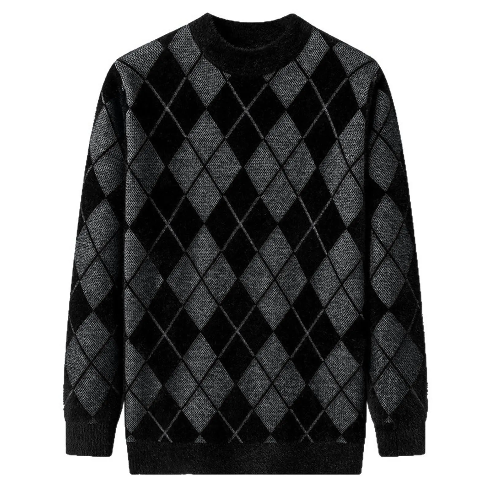 Argyle - Maglione da uomo con motivo a rombi, in jacquard, con scollo rotondo, invernale, lavorato a maglia, da lavoro, leggero, grigio., XXL - immagine 4