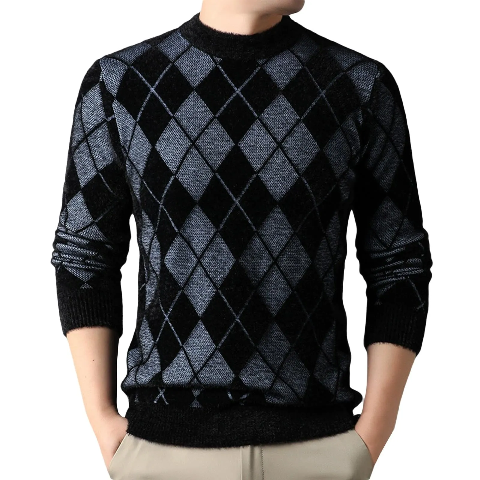 Argyle - Maglione da uomo con motivo a rombi, in jacquard, con scollo rotondo, invernale, lavorato a maglia, da lavoro, leggero, Blu, L - immagine 1