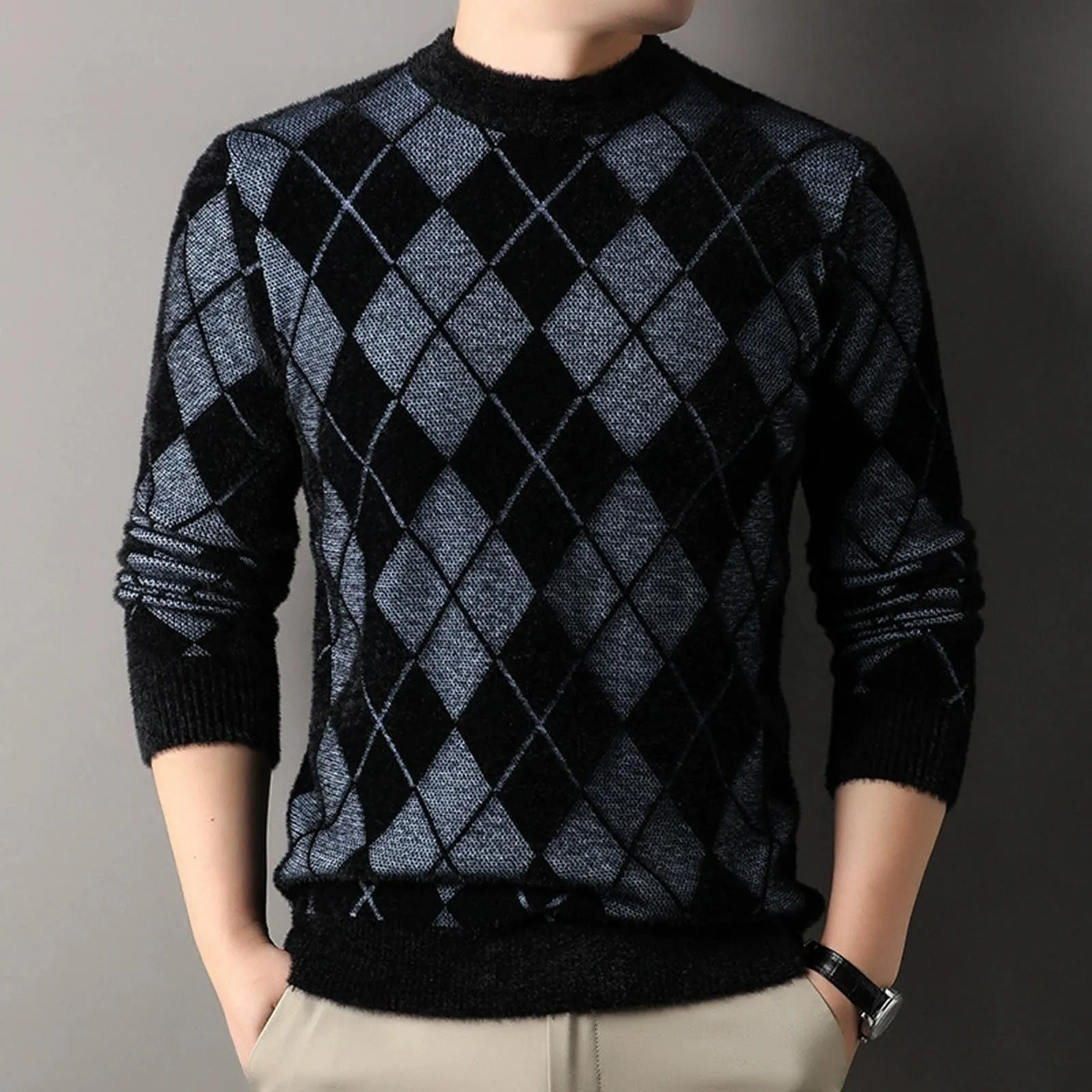 Argyle - Maglione da uomo con motivo a rombi, in jacquard, con scollo rotondo, invernale, lavorato a maglia, da lavoro, leggero, Blu, L - immagine 2