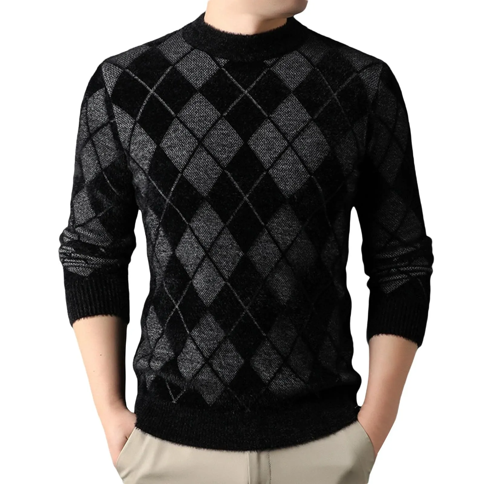 Argyle - Maglione da uomo con motivo a rombi, in jacquard, con scollo rotondo, invernale, lavorato a maglia, da lavoro, leggero, grigio., XL - immagine 1