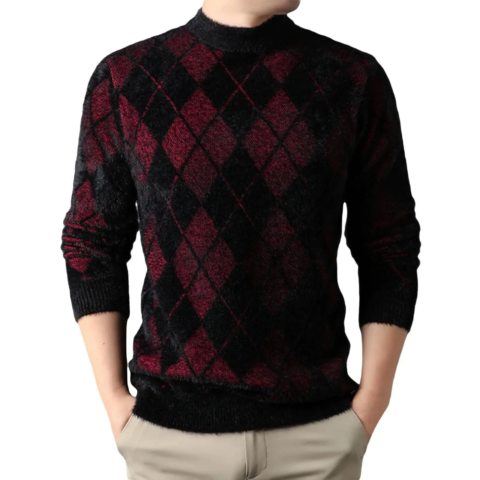 Argyle - Maglione da uomo con motivo a rombi, in jacquard, con scollo rotondo, invernale, lavorato a maglia, da lavoro, leggero, Colore: rosso, XXL - immagine 1
