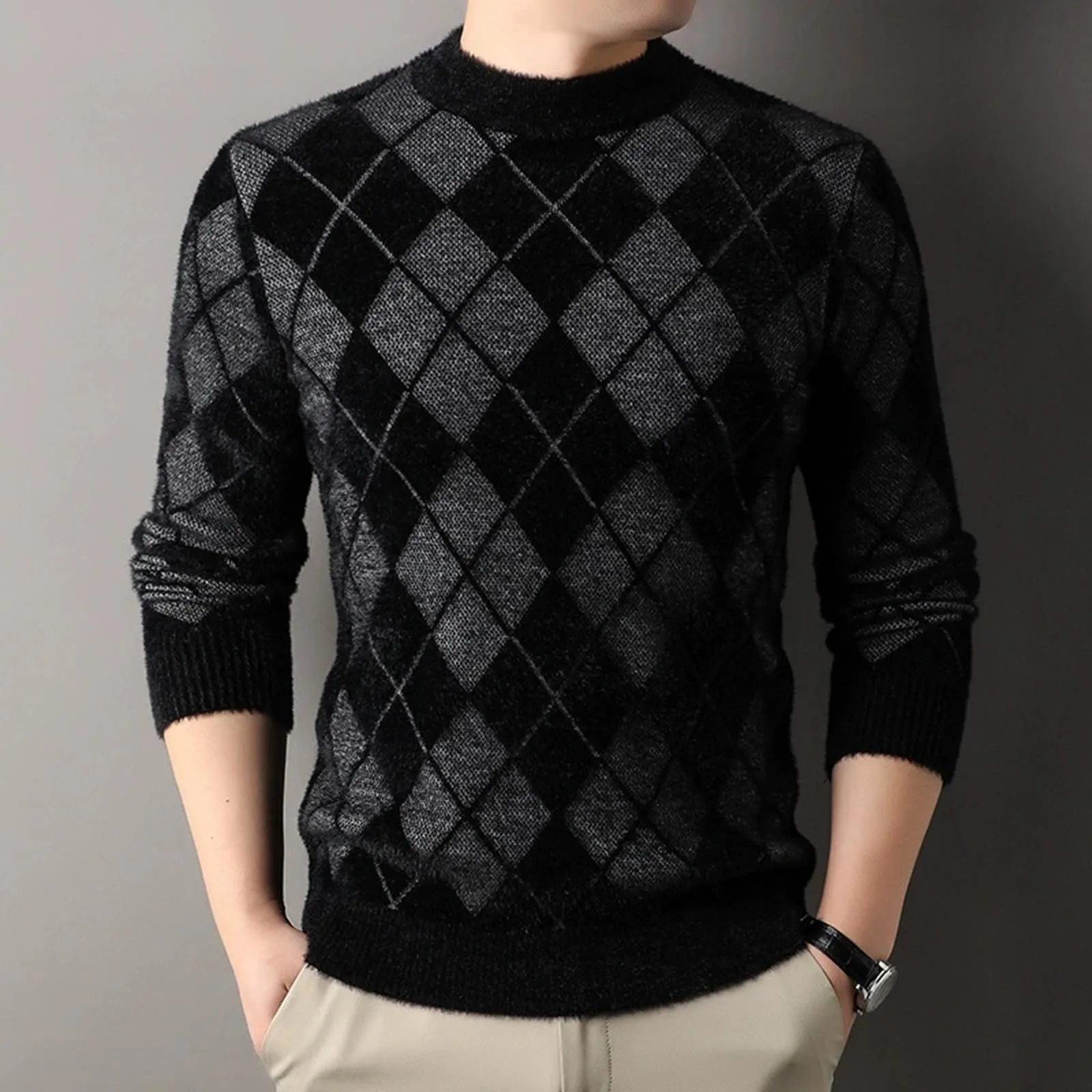 Argyle - Maglione da uomo con motivo a rombi, in jacquard, con scollo rotondo, invernale, lavorato a maglia, da lavoro, leggero, grigio., L - immagine 2