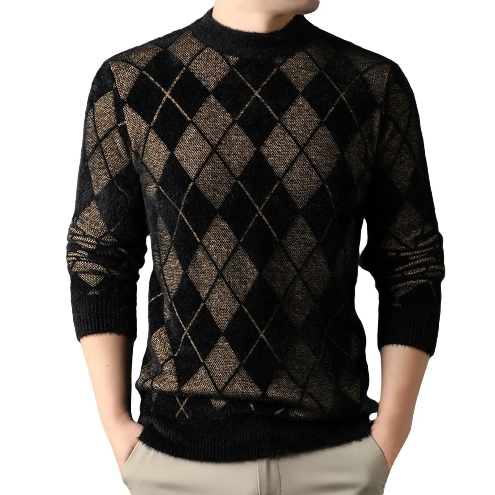 Argyle - Maglione da uomo con motivo a rombi, in jacquard, con scollo rotondo, invernale, lavorato a maglia, da lavoro, leggero, giallo., L - immagine 1