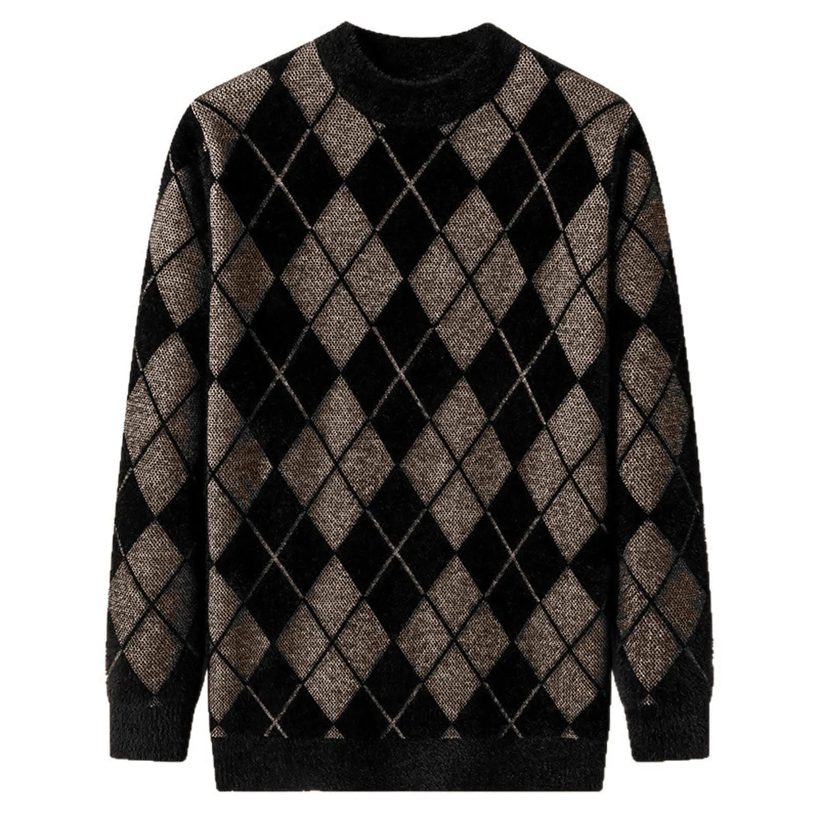 Argyle - Maglione da uomo con motivo a rombi, in jacquard, con scollo rotondo, invernale, lavorato a maglia, da lavoro, leggero, giallo., L - immagine 4