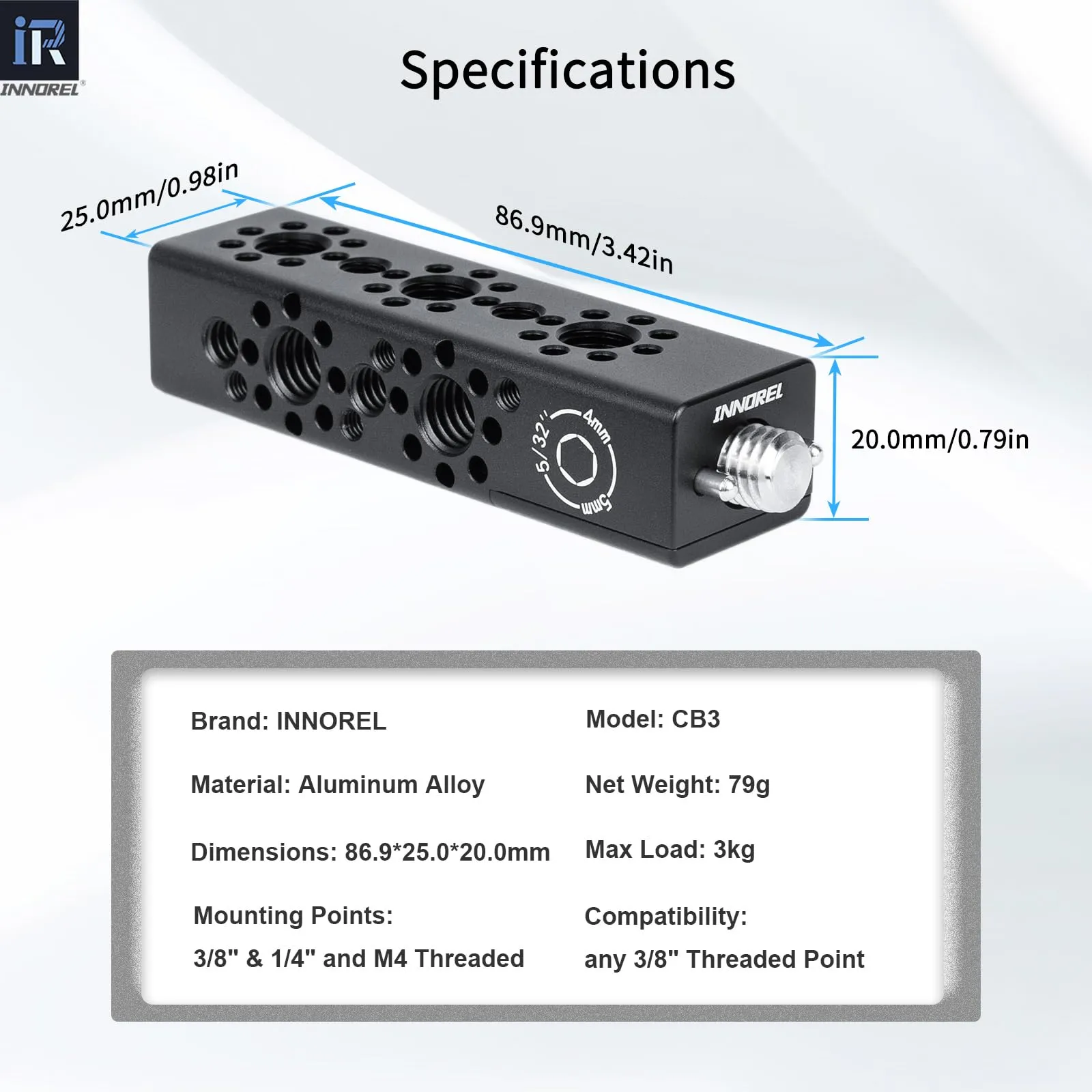 INNOREL CB3 Maniglia multifunzione in lega di alluminio CNC Cheese,con fori di posizionamento Arri da 3/8" e 1/4"per telai di gabbie per fotocamere, piastre Cheese e qualsiasi filettatura da 3/8" - immagine 2