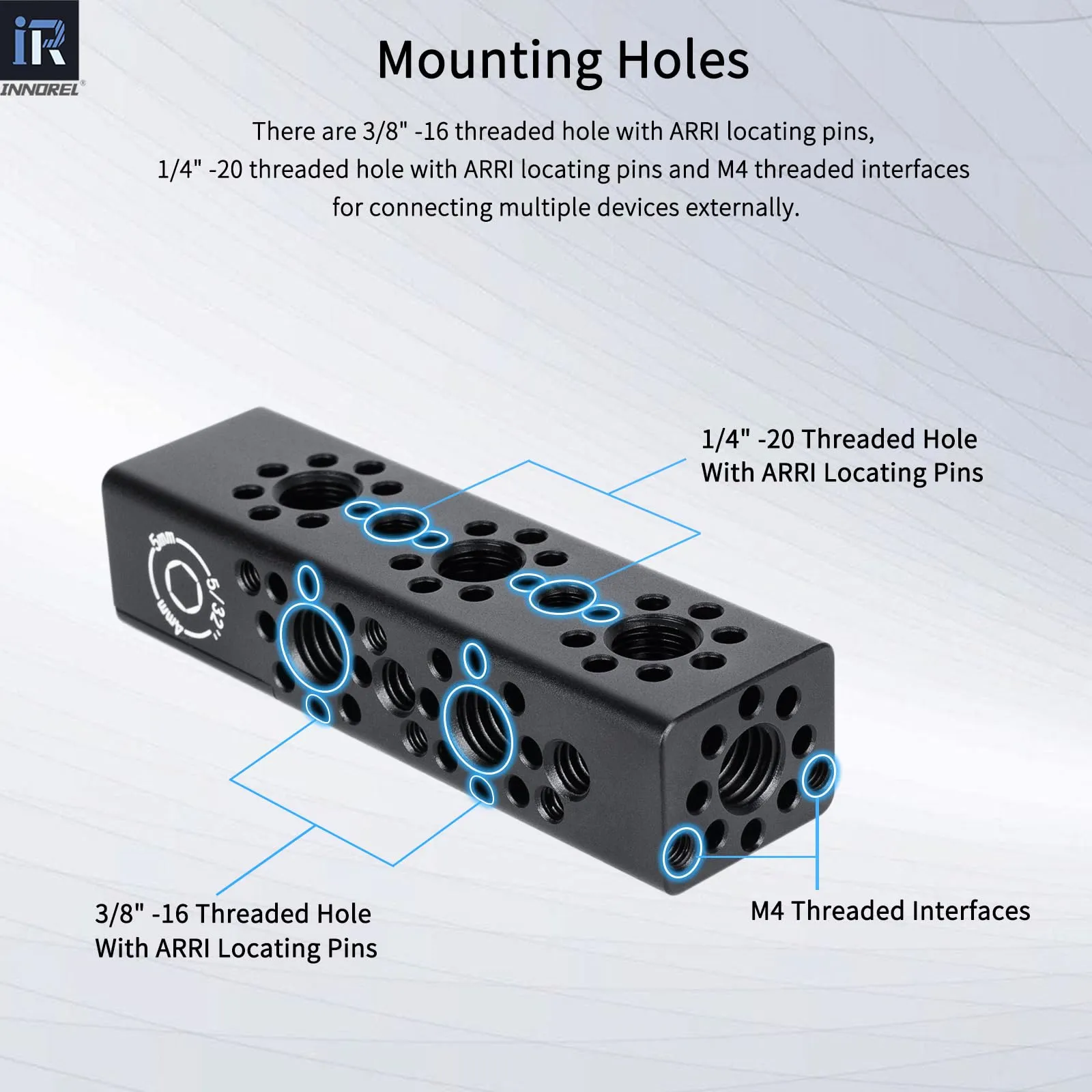 INNOREL CB3 Maniglia multifunzione in lega di alluminio CNC Cheese,con fori di posizionamento Arri da 3/8" e 1/4"per telai di gabbie per fotocamere, piastre Cheese e qualsiasi filettatura da 3/8" - immagine 3