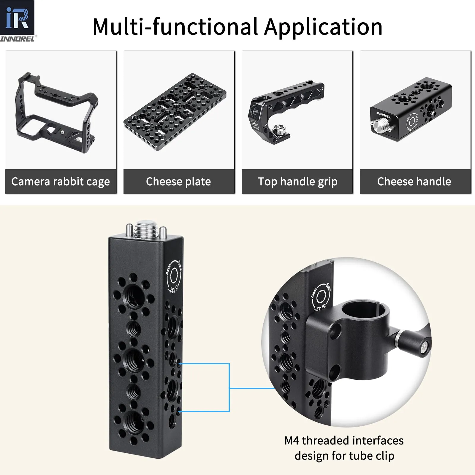 INNOREL CB3 Maniglia multifunzione in lega di alluminio CNC Cheese,con fori di posizionamento Arri da 3/8" e 1/4"per telai di gabbie per fotocamere, piastre Cheese e qualsiasi filettatura da 3/8" - immagine 5