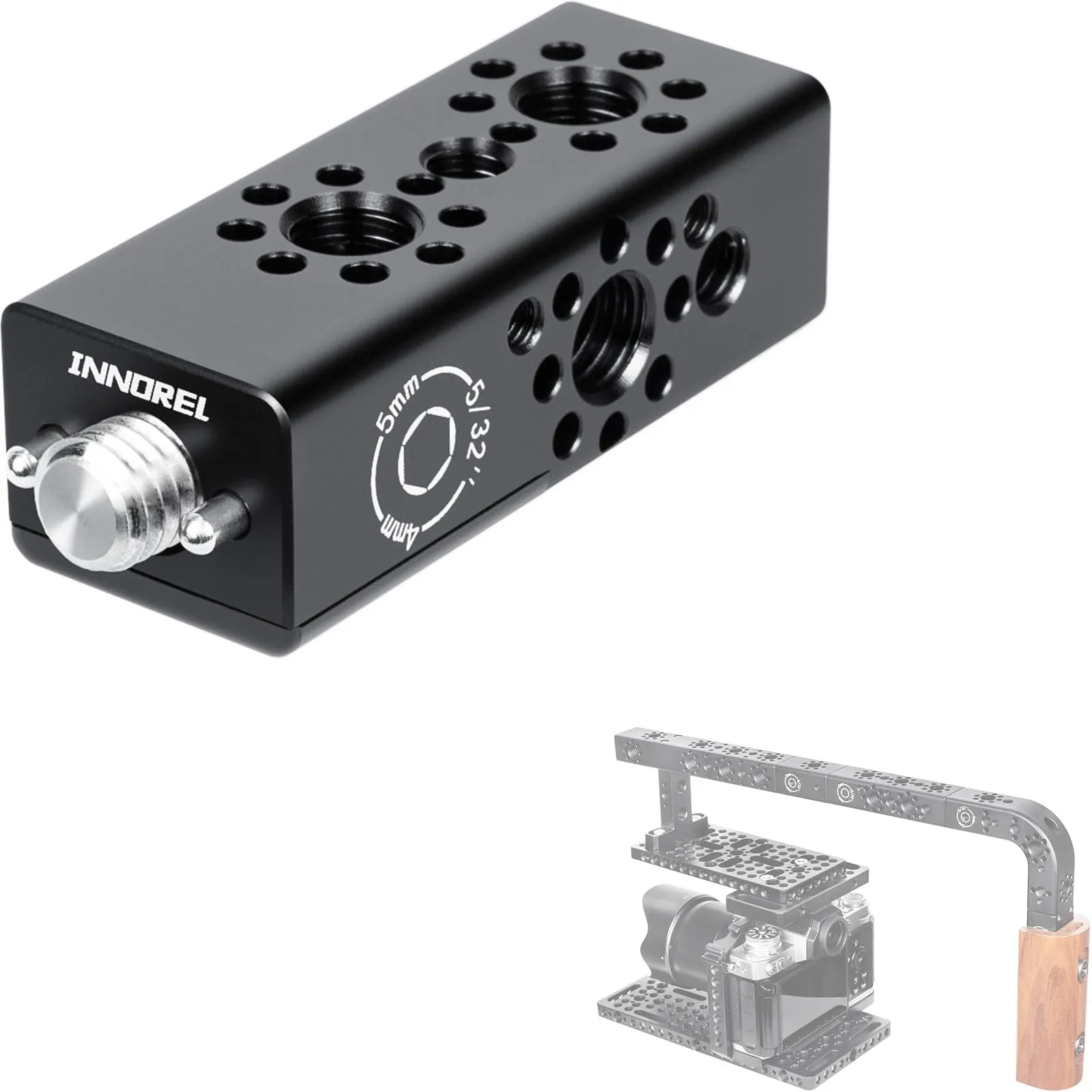 INNOREL CB2 Maniglia multifunzione in lega di alluminio CNC,con fori di posizionamento ARRI da 3/8" e 1/4" per telai di gabbie per fotocamere, attrezzature video fai da te, qualsiasi punto - immagine 1