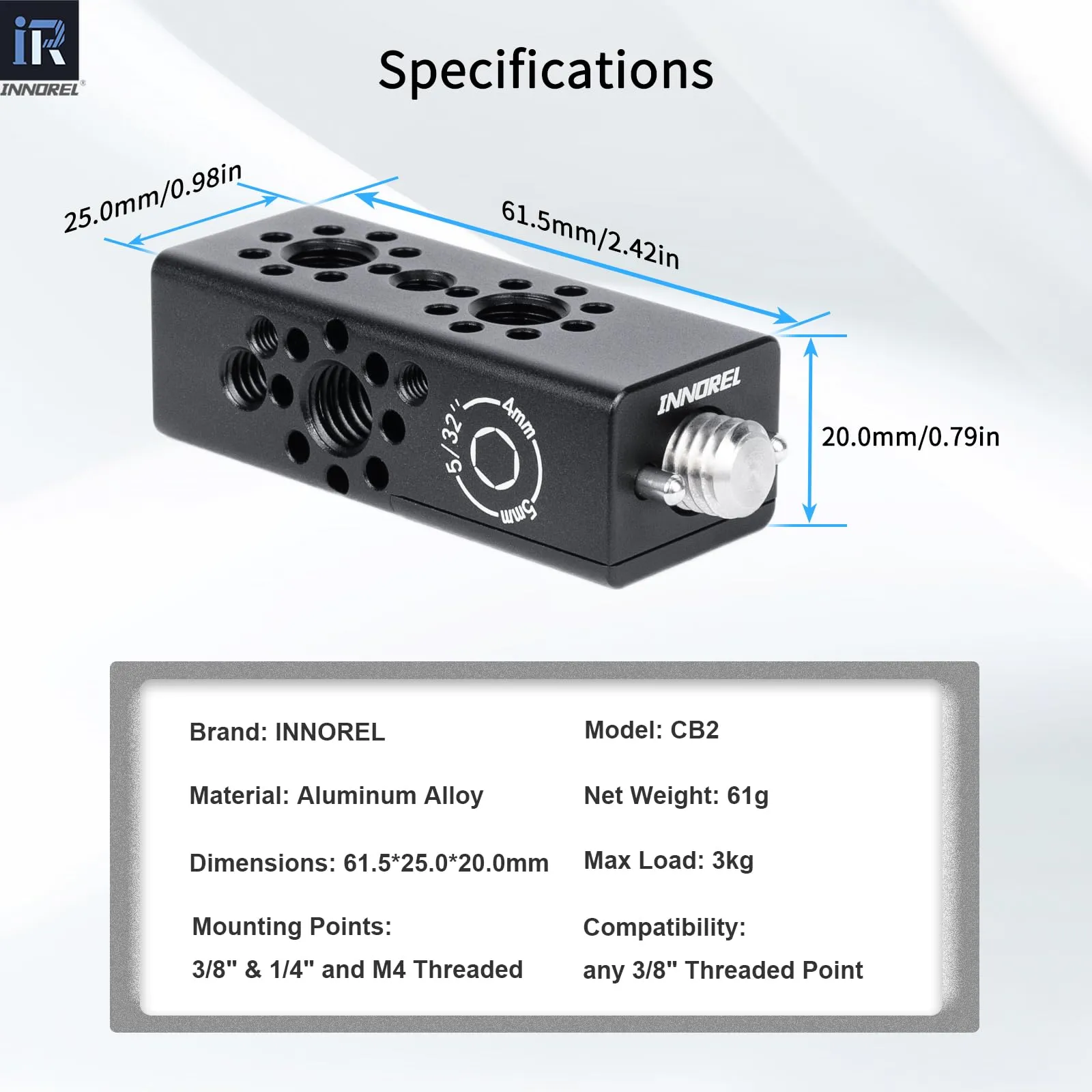 INNOREL CB2 Maniglia multifunzione in lega di alluminio CNC,con fori di posizionamento ARRI da 3/8" e 1/4" per telai di gabbie per fotocamere, attrezzature video fai da te, qualsiasi punto - immagine 2