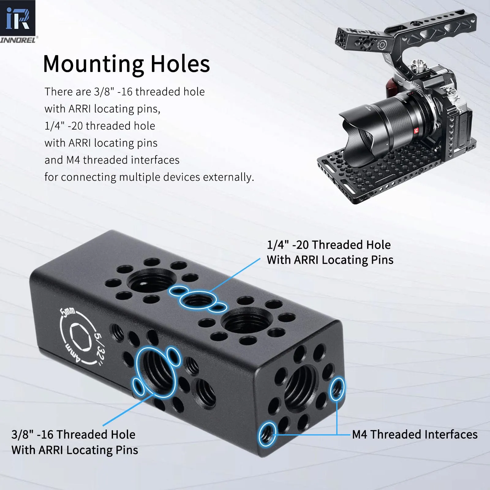 INNOREL CB2 Maniglia multifunzione in lega di alluminio CNC,con fori di posizionamento ARRI da 3/8" e 1/4" per telai di gabbie per fotocamere, attrezzature video fai da te, qualsiasi punto - immagine 3