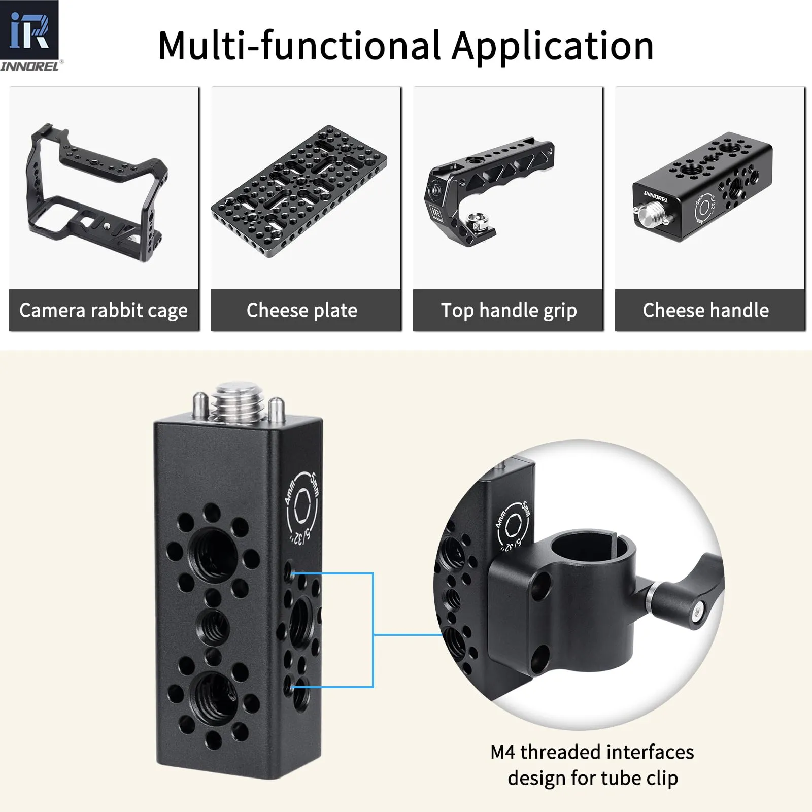 INNOREL CB2 Maniglia multifunzione in lega di alluminio CNC,con fori di posizionamento ARRI da 3/8" e 1/4" per telai di gabbie per fotocamere, attrezzature video fai da te, qualsiasi punto - immagine 5