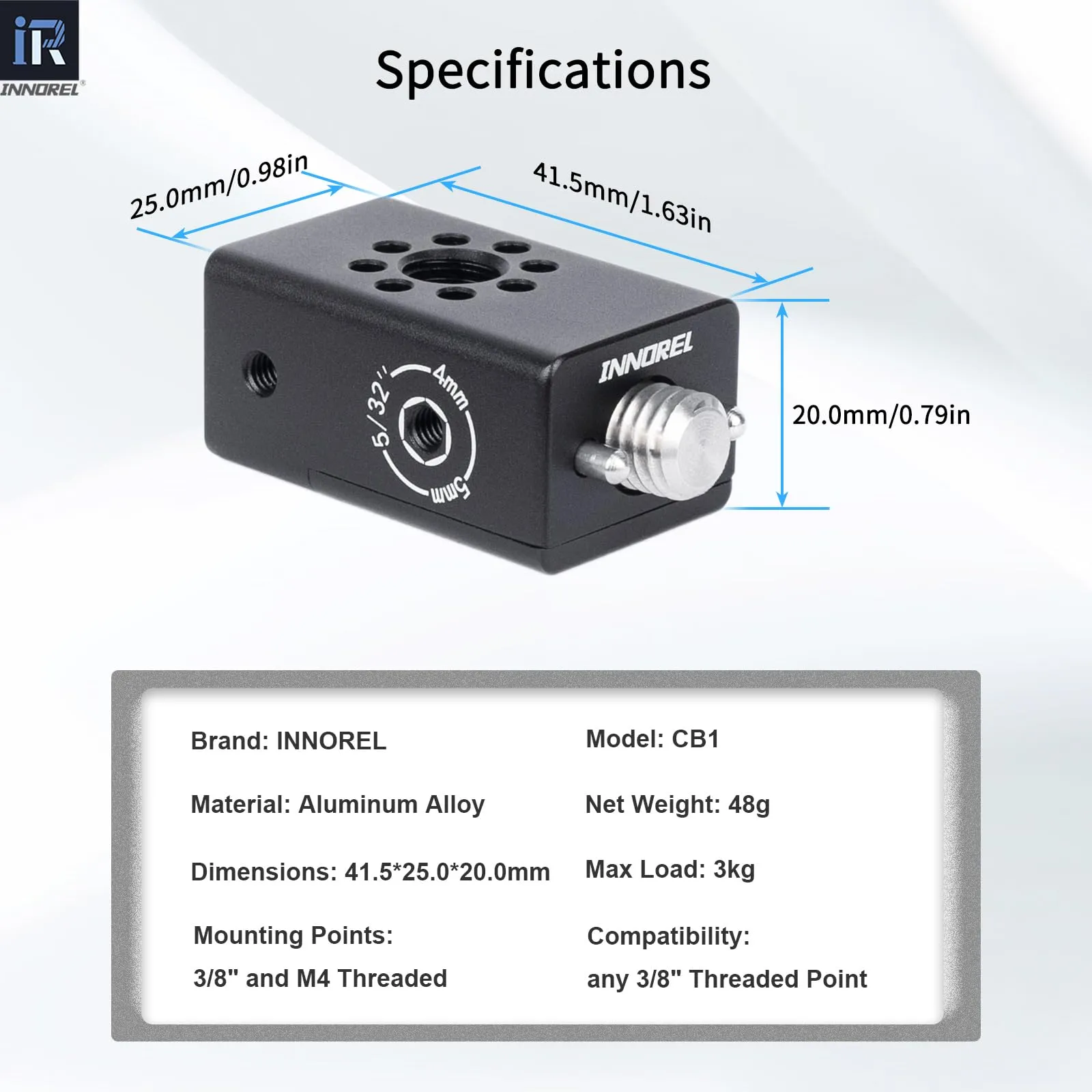 INNOREL CB1 Maniglia multifunzione in lega di alluminio CNC per videocamera,con fori di posizionamento Arri da 3/8" per telai di gabbie per videocamere, attrezzature video fai da te - immagine 2