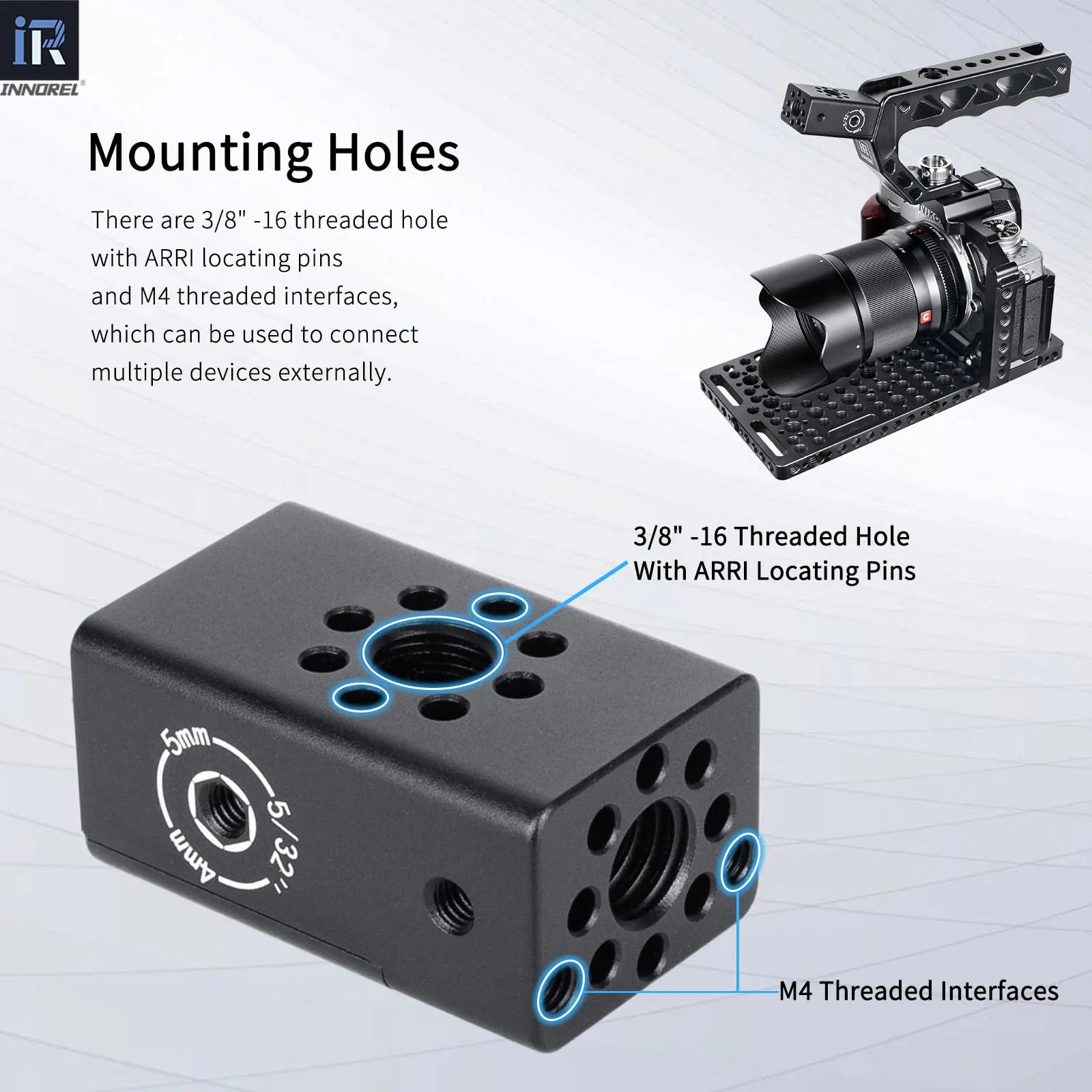 INNOREL CB1 Maniglia multifunzione in lega di alluminio CNC per videocamera,con fori di posizionamento Arri da 3/8" per telai di gabbie per videocamere, attrezzature video fai da te - immagine 3