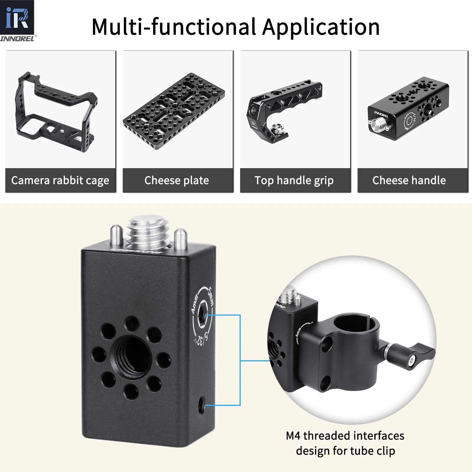 INNOREL CB1 Maniglia multifunzione in lega di alluminio CNC per videocamera,con fori di posizionamento Arri da 3/8" per telai di gabbie per videocamere, attrezzature video fai da te - immagine 5