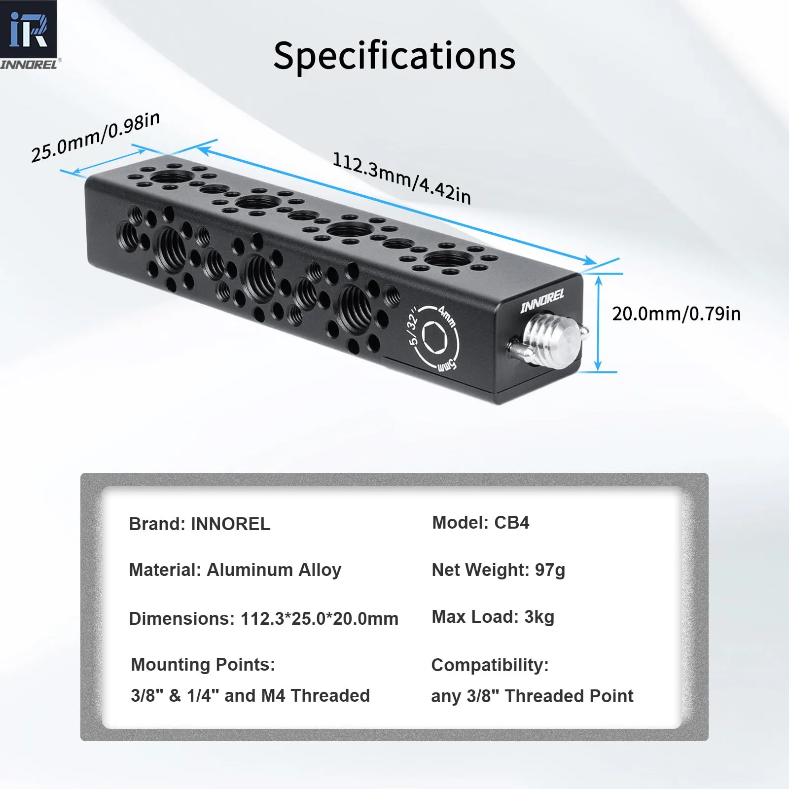 INNOREL CB4 Maniglia multifunzione in lega di alluminio CNC Cheese,con fori di posizionamento Arri da 3/8" e 1/4"per telai di gabbie per fotocamere, piastre Cheese e qualsiasi filettatura da 3/8" - immagine 2