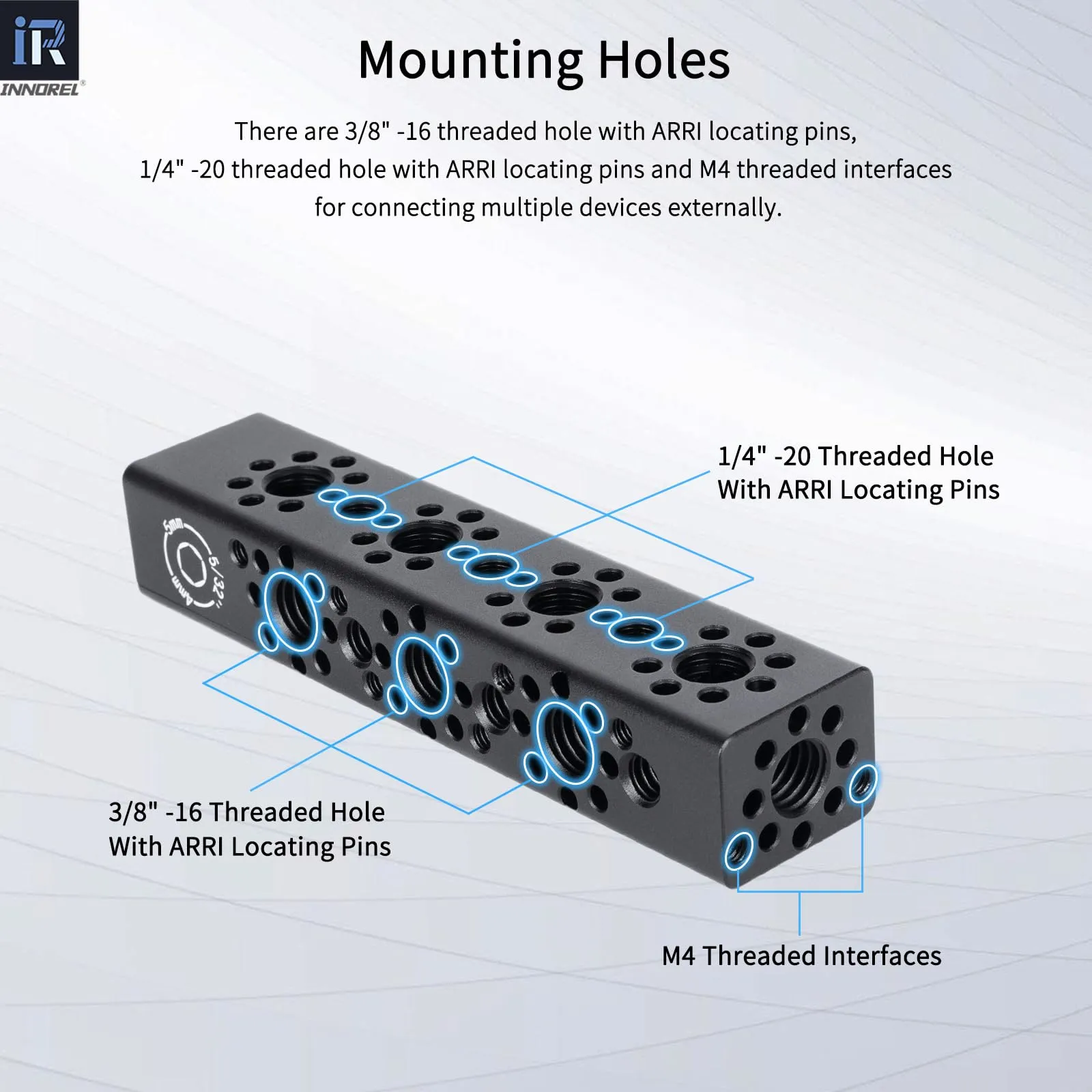 INNOREL CB4 Maniglia multifunzione in lega di alluminio CNC Cheese,con fori di posizionamento Arri da 3/8" e 1/4"per telai di gabbie per fotocamere, piastre Cheese e qualsiasi filettatura da 3/8" - immagine 3