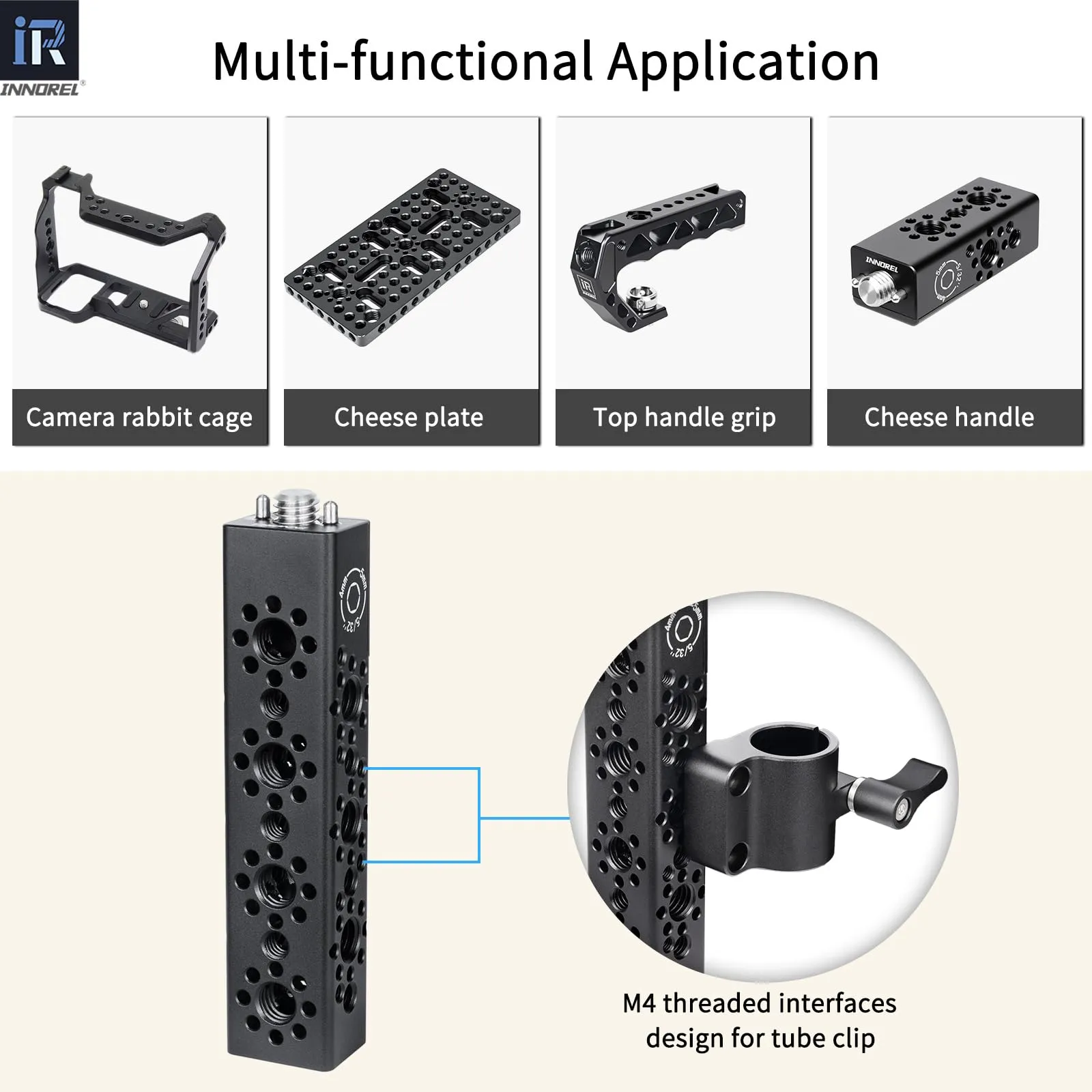 INNOREL CB4 Maniglia multifunzione in lega di alluminio CNC Cheese,con fori di posizionamento Arri da 3/8" e 1/4"per telai di gabbie per fotocamere, piastre Cheese e qualsiasi filettatura da 3/8" - immagine 5