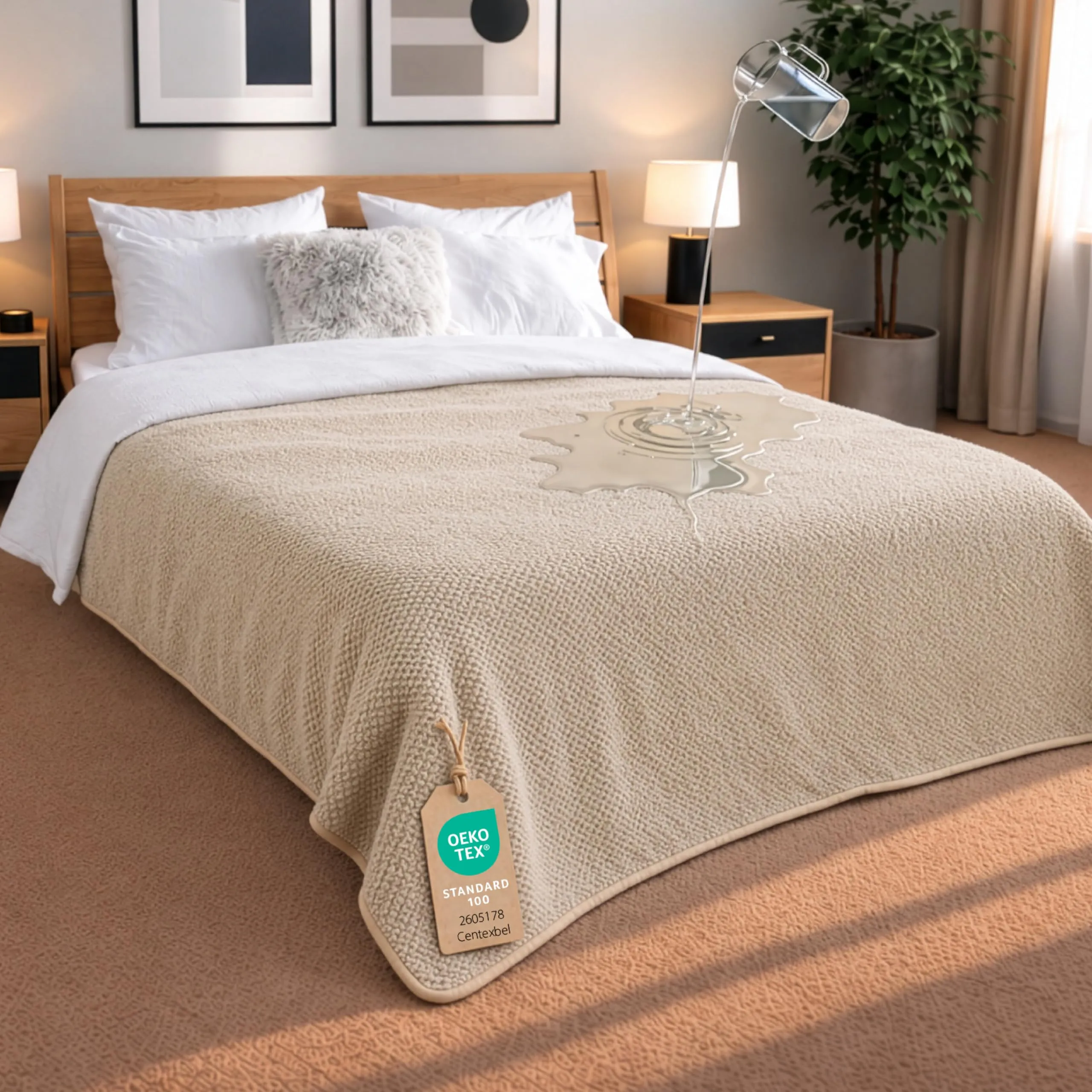 Dreamzie Coperta Impermeabile 218x228cm - Cerata Letto Matrimoniale Reversibile e Lavabile in Lavatrice in Pile Sherpa per Letto o Divano - Copridivano impermeabile per animali - Beige - immagine 1