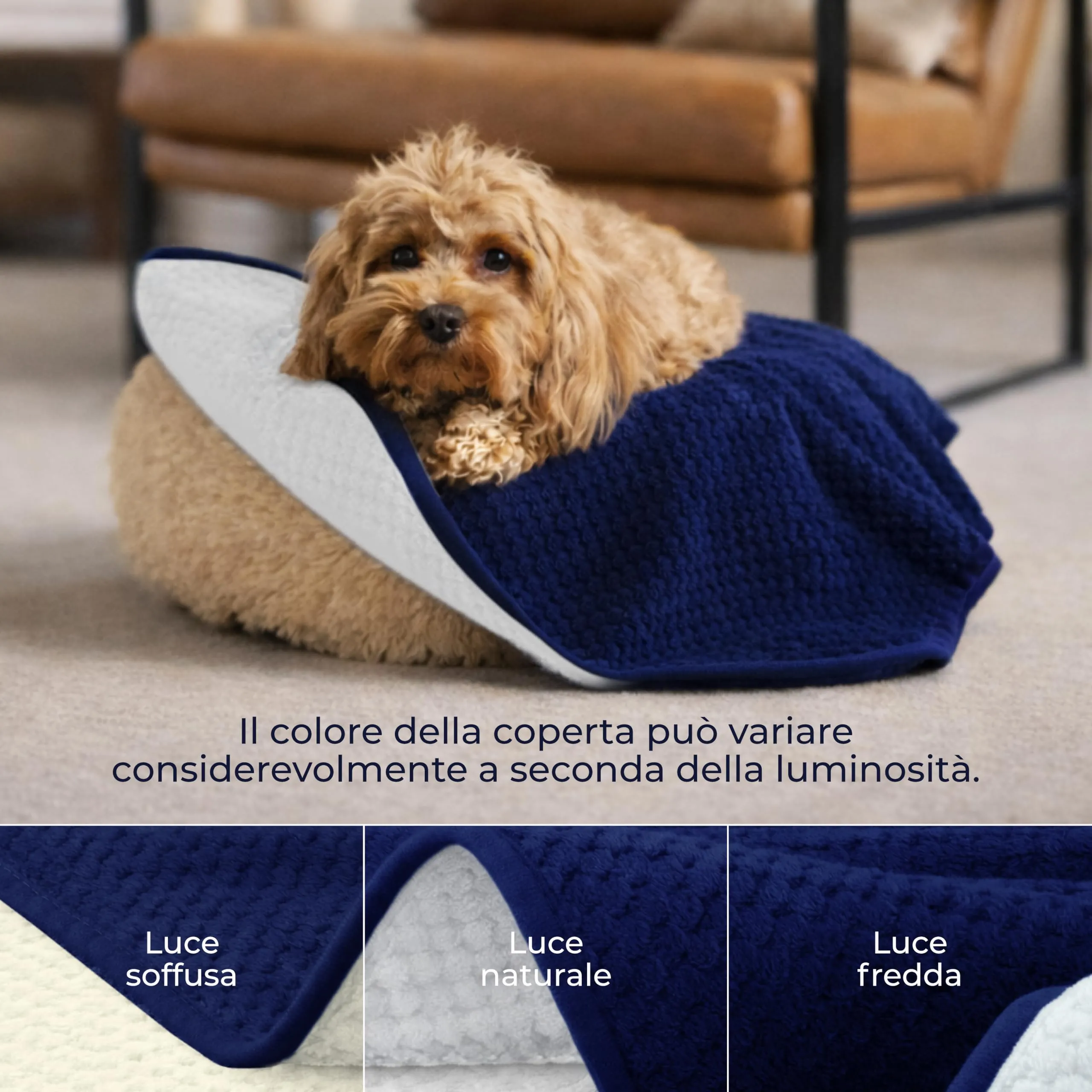 Dreamzie Coperta Impermeabile per Cani 63x88cm - Copridivano Impermeabile per Animali - Reversibile e Lavabile in Lavatrice in Pile Sherpa per Letto o Divano - Blu navy - immagine 4