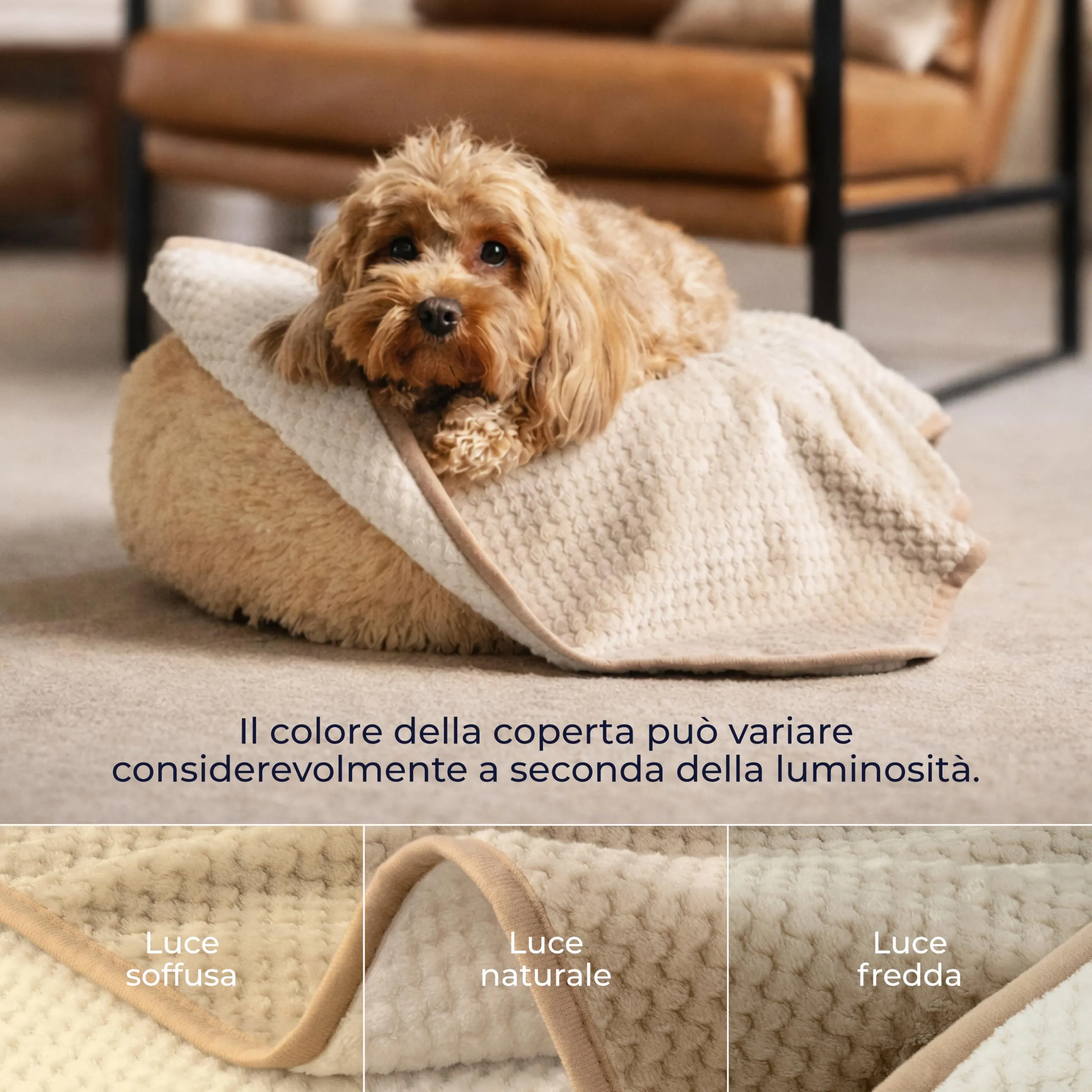 Dreamzie Coperta Impermeabile per Cani 63x88cm - Copridivano Impermeabile per Animali - Reversibile e Lavabile in Lavatrice in Pile Sherpa per Letto o Divano - Beige - immagine 4