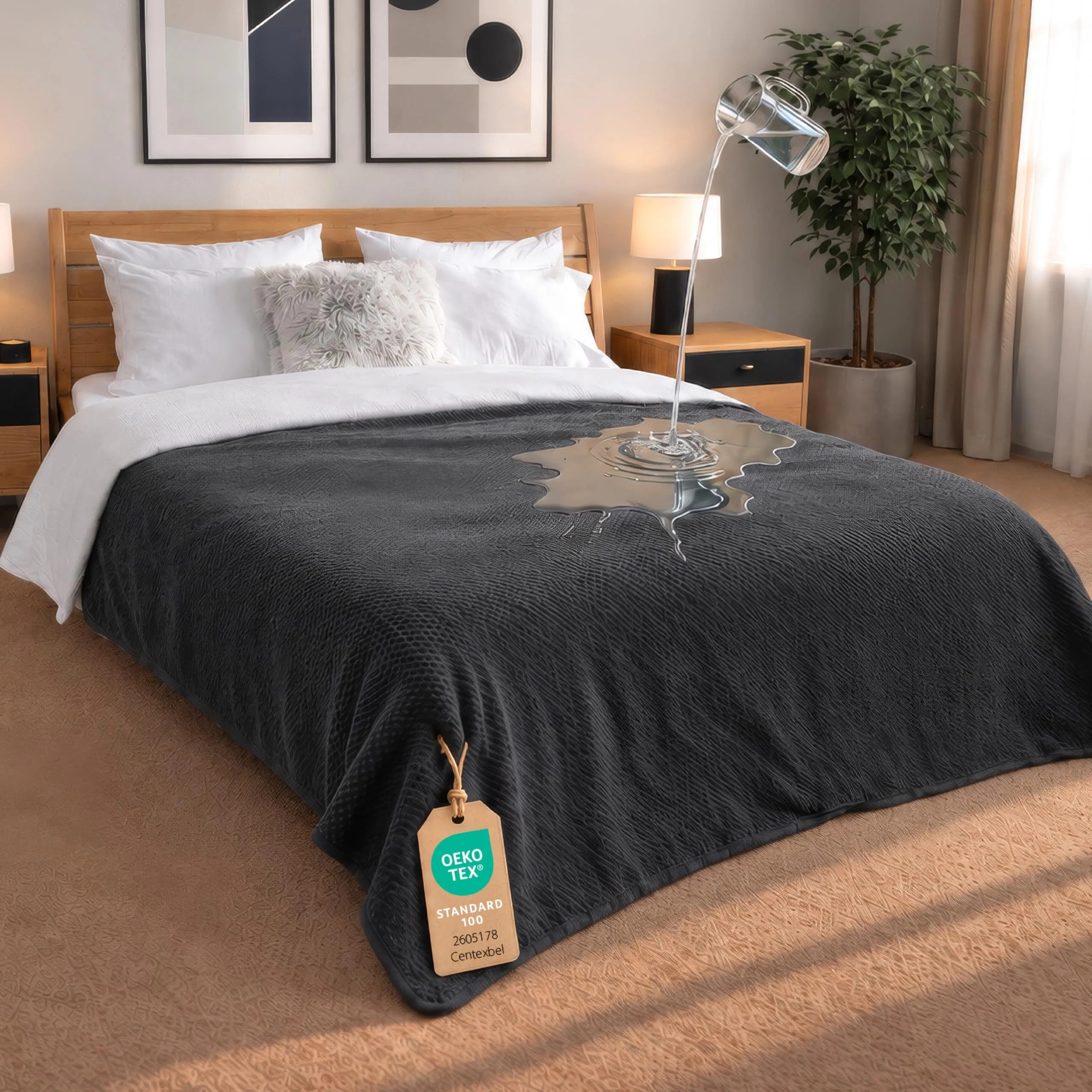 Dreamzie Coperta Impermeabile 218x274cm - Cerata Letto Matrimoniale Reversibile e Lavabile in Lavatrice in Pile Sherpa per Letto o Divano - Copridivano impermeabile per animali - Grigio scuro - immagine 1