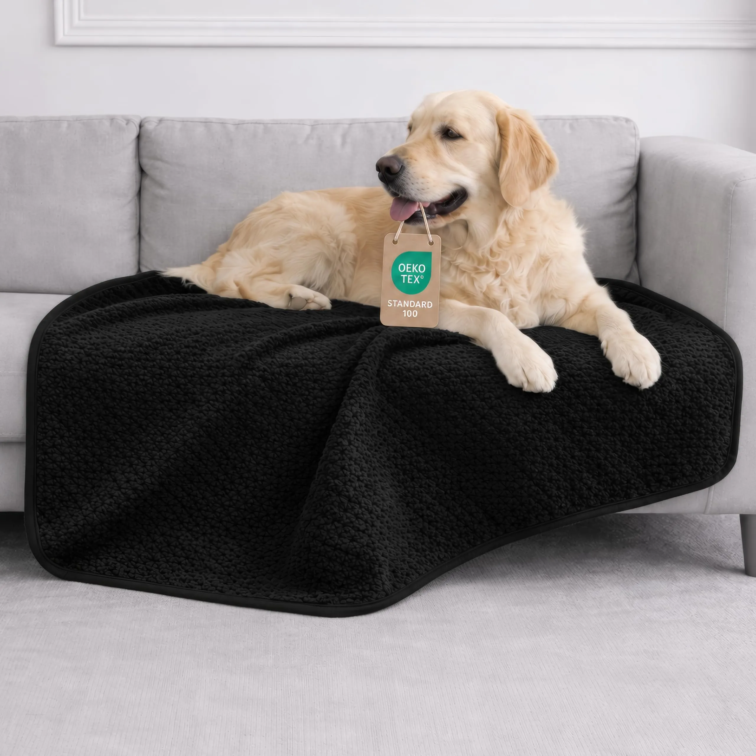 Dreamzie Coperta Impermeabile per Cani 100x120cm - Copridivano Impermeabile per Animali - Reversibile e Lavabile in Lavatrice in Pile Sherpa per Letto o Divano - Nero - immagine 1