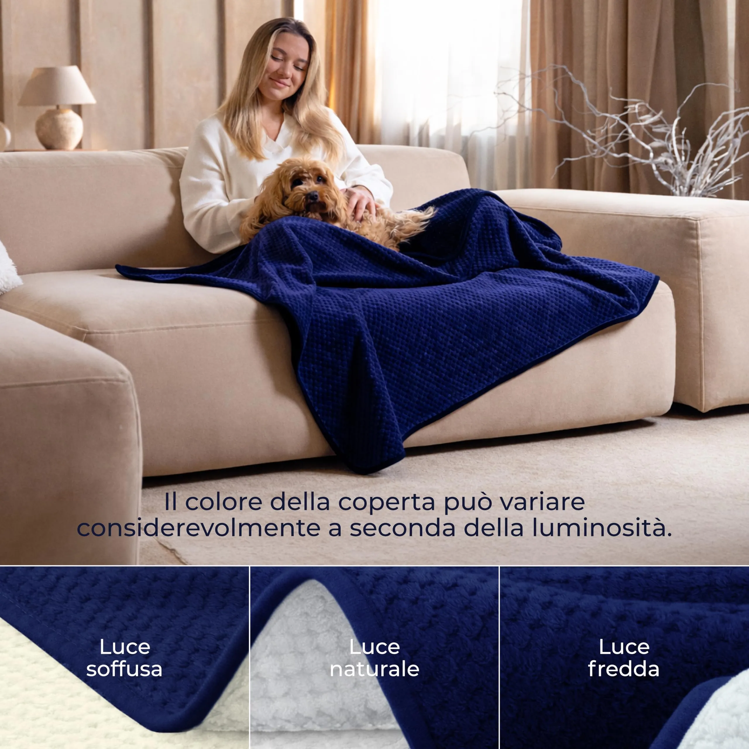 Dreamzie Coperta Impermeabile per Cani 80x100cm - Copridivano Impermeabile per Animali - Reversibile e Lavabile in Lavatrice in Pile Sherpa per Letto o Divano - Blu navy - immagine 4