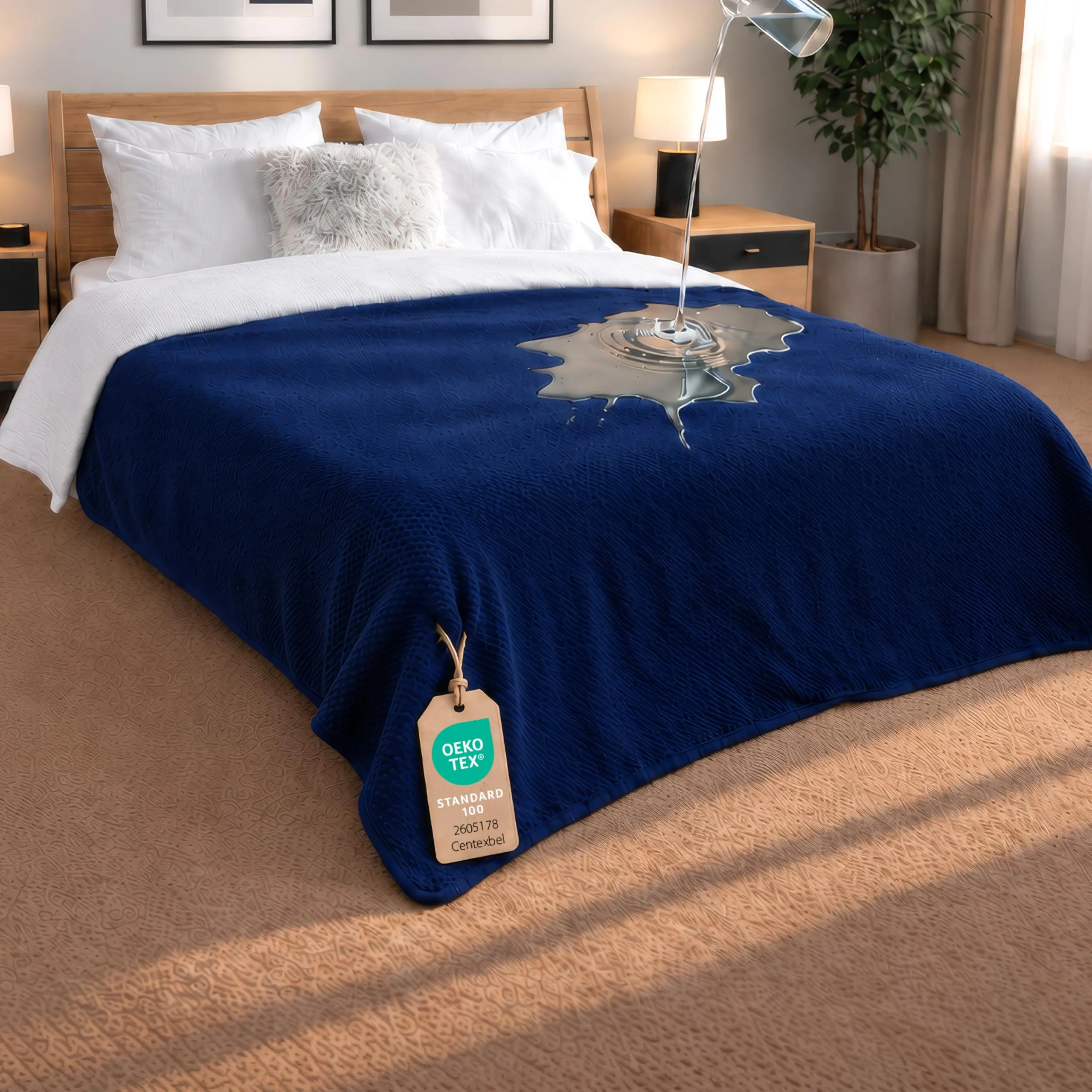Dreamzie Coperta Impermeabile 152x203cm - Cerata Letto Matrimoniale Reversibile e Lavabile in Lavatrice in Pile Sherpa per Letto o Divano - Copridivano impermeabile per animali - Blu navy - immagine 1