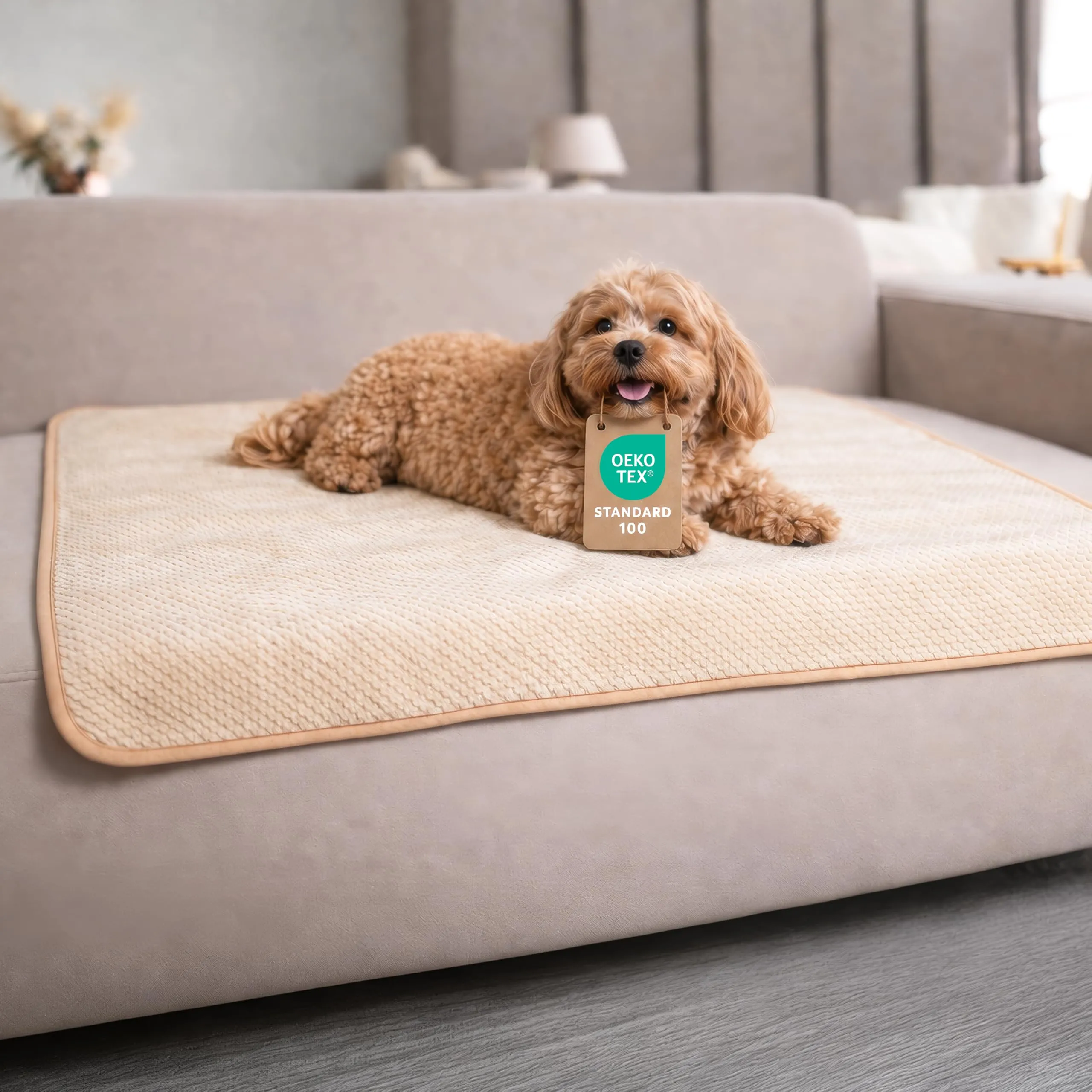 Dreamzie Coperta Impermeabile per Cani 80x100cm - Copridivano Impermeabile per Animali - Reversibile e Lavabile in Lavatrice in Pile Sherpa per Letto o Divano - Beige - immagine 1