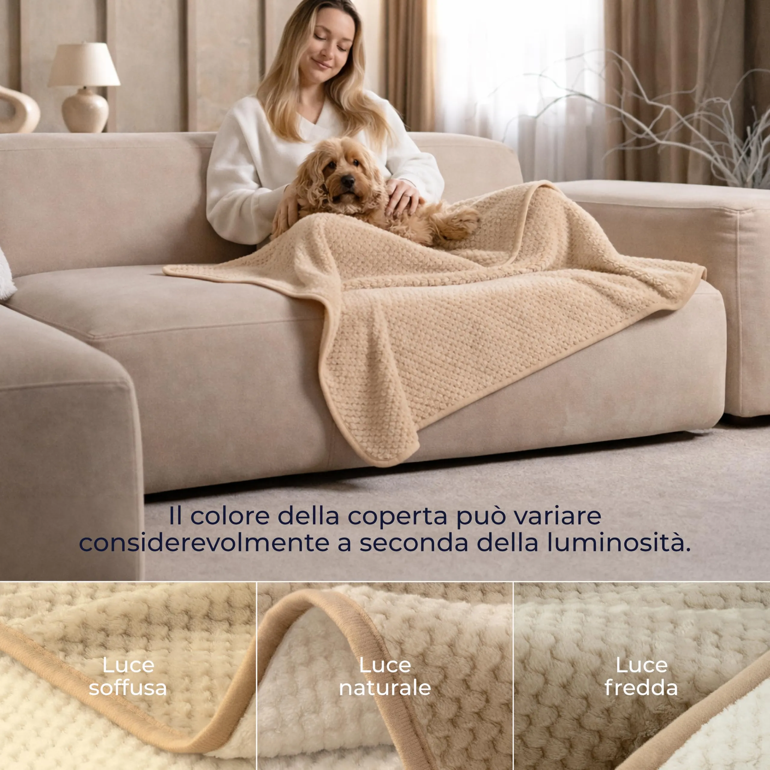 Dreamzie Coperta Impermeabile per Cani 80x100cm - Copridivano Impermeabile per Animali - Reversibile e Lavabile in Lavatrice in Pile Sherpa per Letto o Divano - Beige - immagine 4