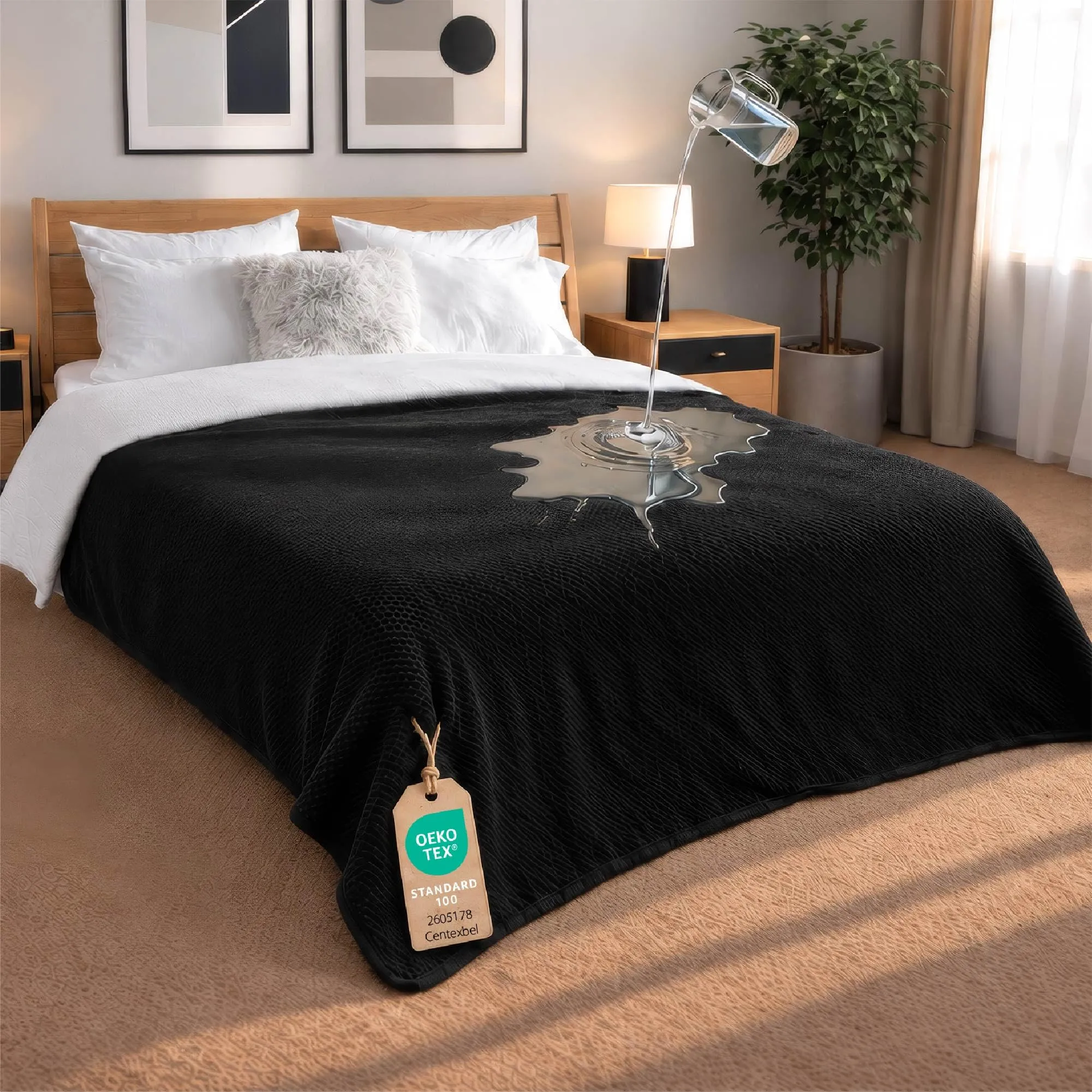 Dreamzie Coperta Impermeabile 218x274cm - Cerata Letto Matrimoniale Reversibile e Lavabile in Lavatrice in Pile Sherpa per Letto o Divano - Copridivano impermeabile per animali - Nero - immagine 1