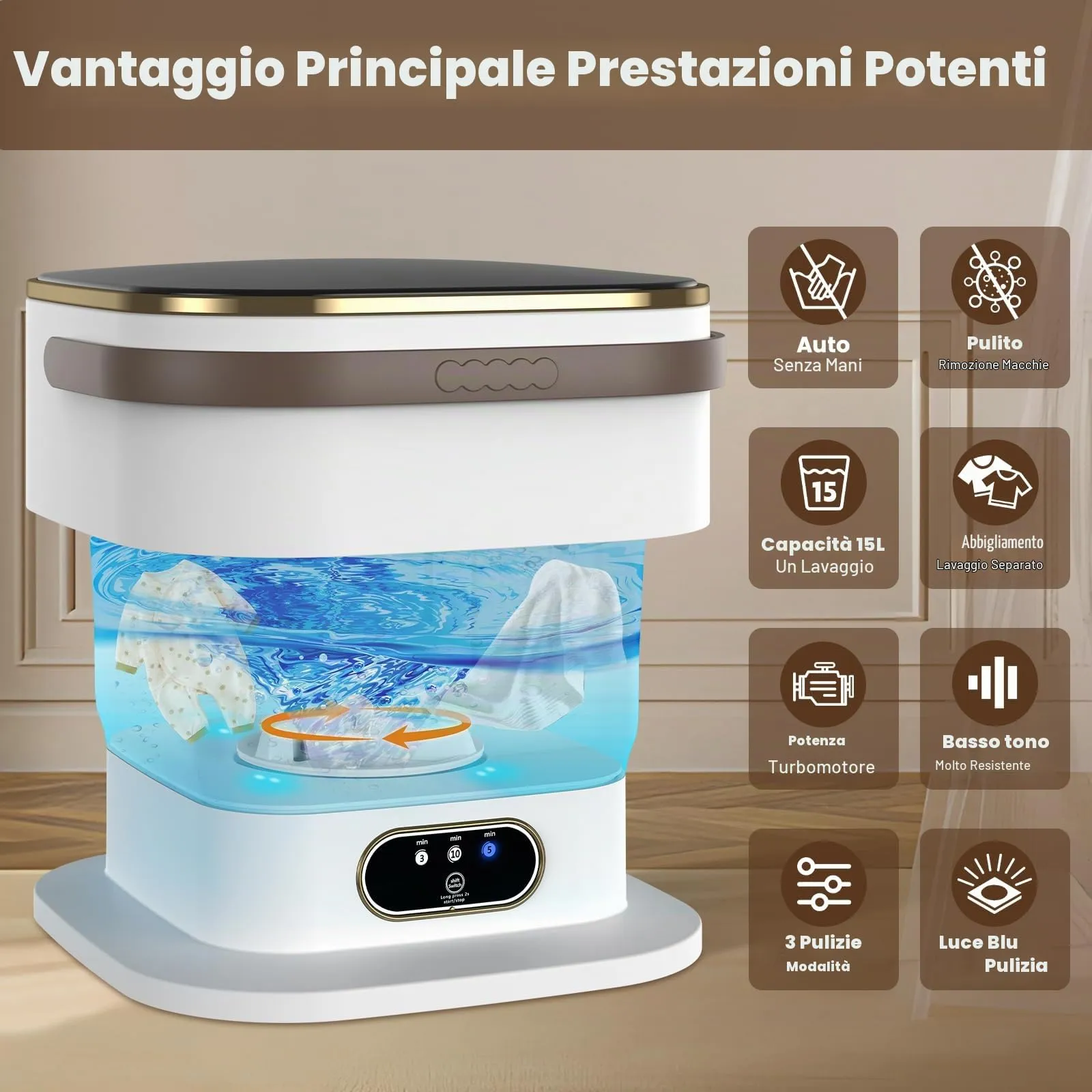 Mini Lavatrice,15L 2 in 1 Lavatrice Portatile con Centrifuga e 3 modalità di pulizia per Piccoli vestiti, Lavatrice da Campeggio Pieghevole per Viaggi, Appartamenti (Cachi) - immagine 2