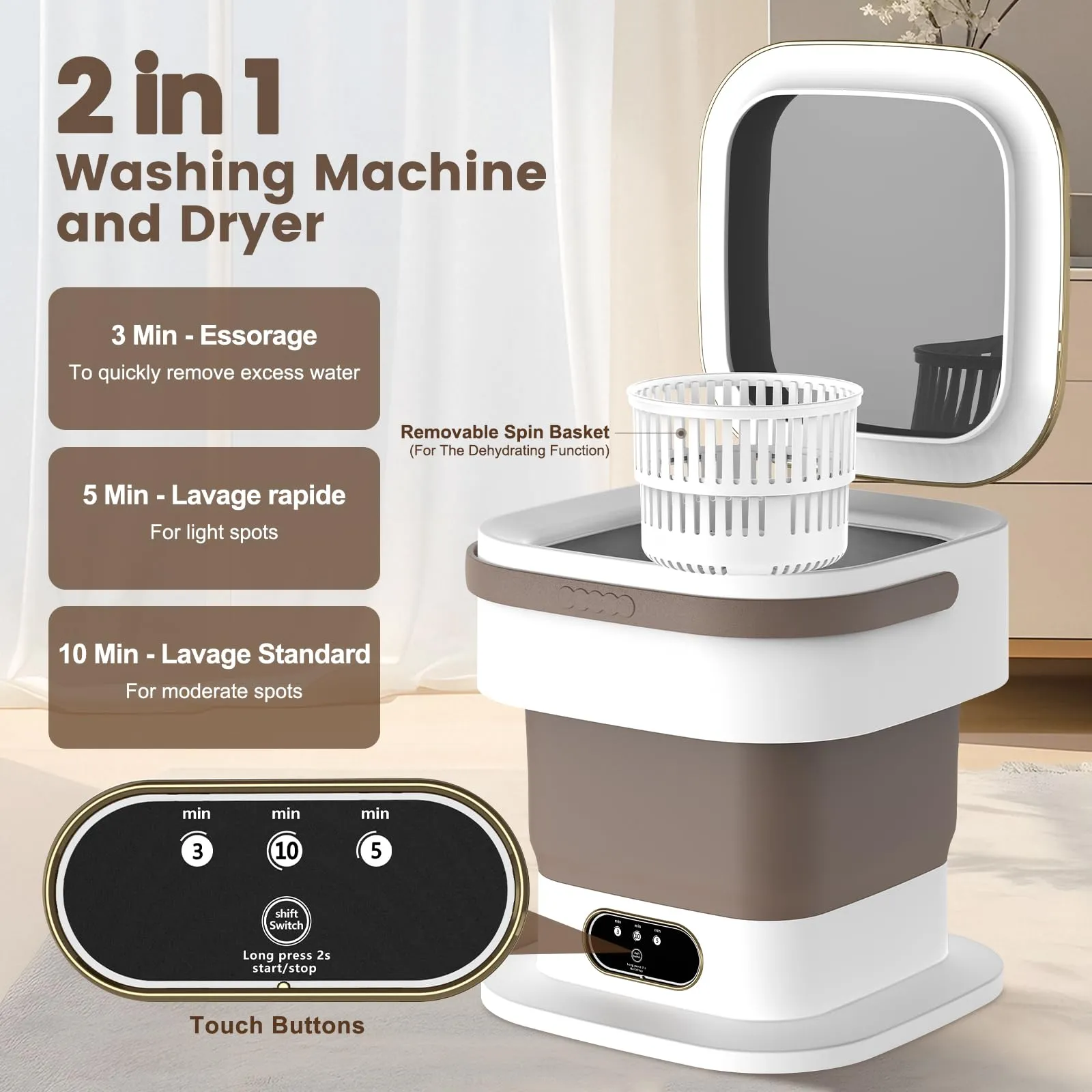 Mini Lavatrice,15L 2 in 1 Lavatrice Portatile con Centrifuga e 3 modalità di pulizia per Piccoli vestiti, Lavatrice da Campeggio Pieghevole per Viaggi, Appartamenti (Cachi) - immagine 3