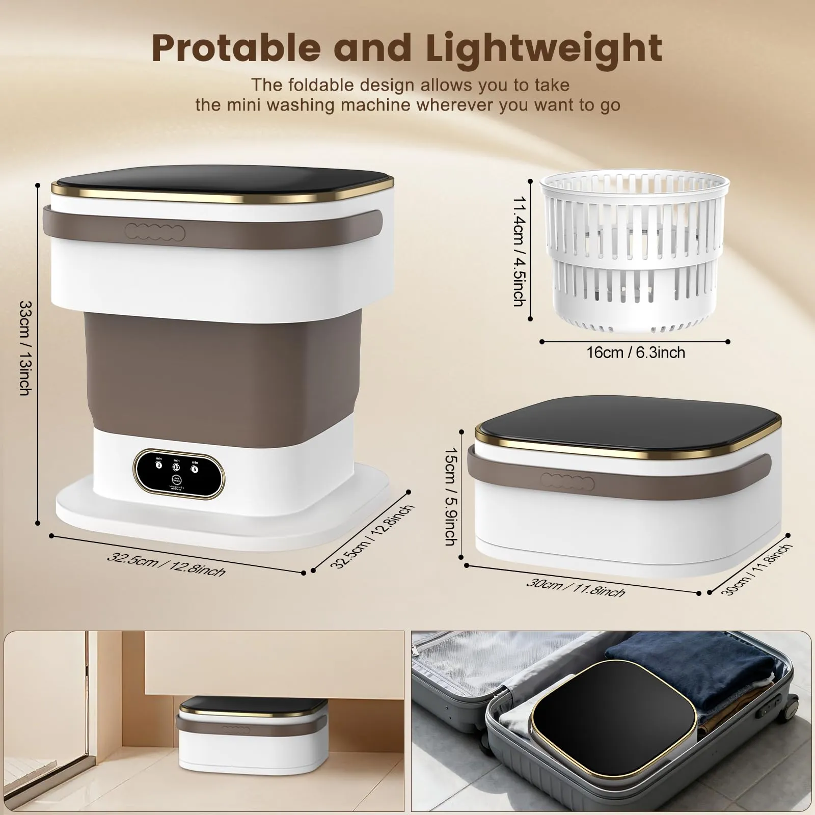 Mini Lavatrice,15L 2 in 1 Lavatrice Portatile con Centrifuga e 3 modalità di pulizia per Piccoli vestiti, Lavatrice da Campeggio Pieghevole per Viaggi, Appartamenti (Cachi) - immagine 4
