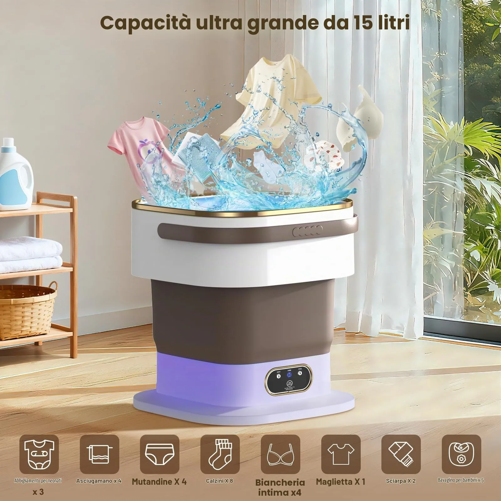 Mini Lavatrice,15L 2 in 1 Lavatrice Portatile con Centrifuga e 3 modalità di pulizia per Piccoli vestiti, Lavatrice da Campeggio Pieghevole per Viaggi, Appartamenti (Cachi) - immagine 5